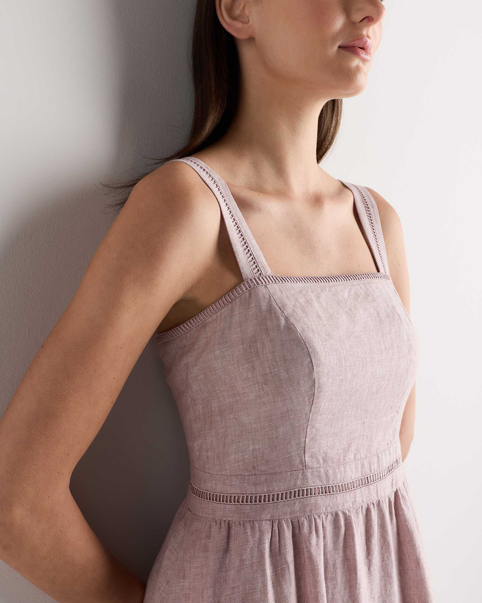 100% European Linen Ladder Stitch Midi Dress in Vintage Pink Chambray 100% European Linen Ladder Stitch Midi Dress in Vintage Pink Chambray