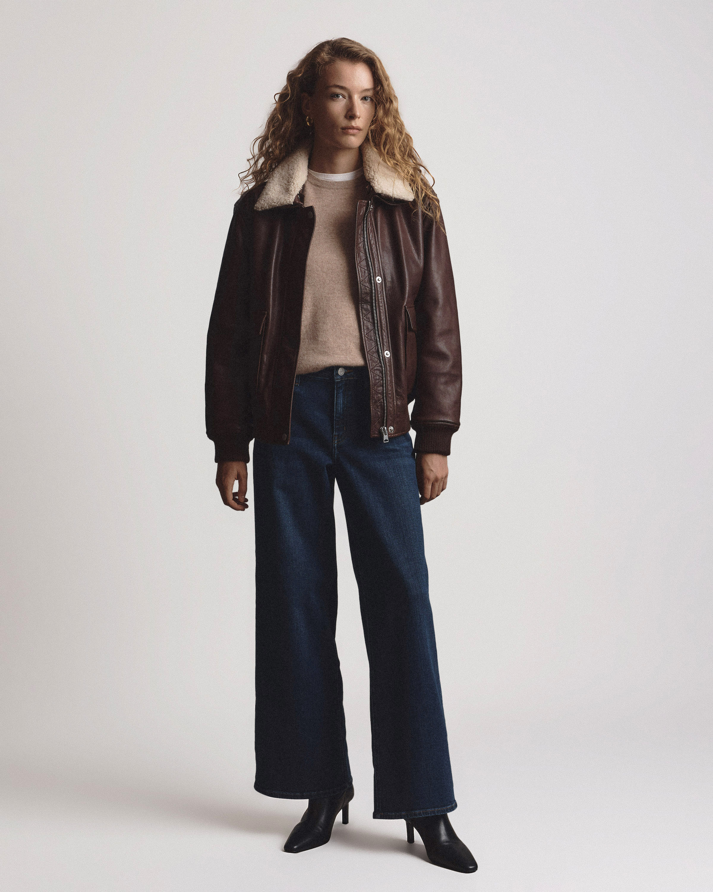 100% Leather Shearling Trim Aviator Jacket in Brown