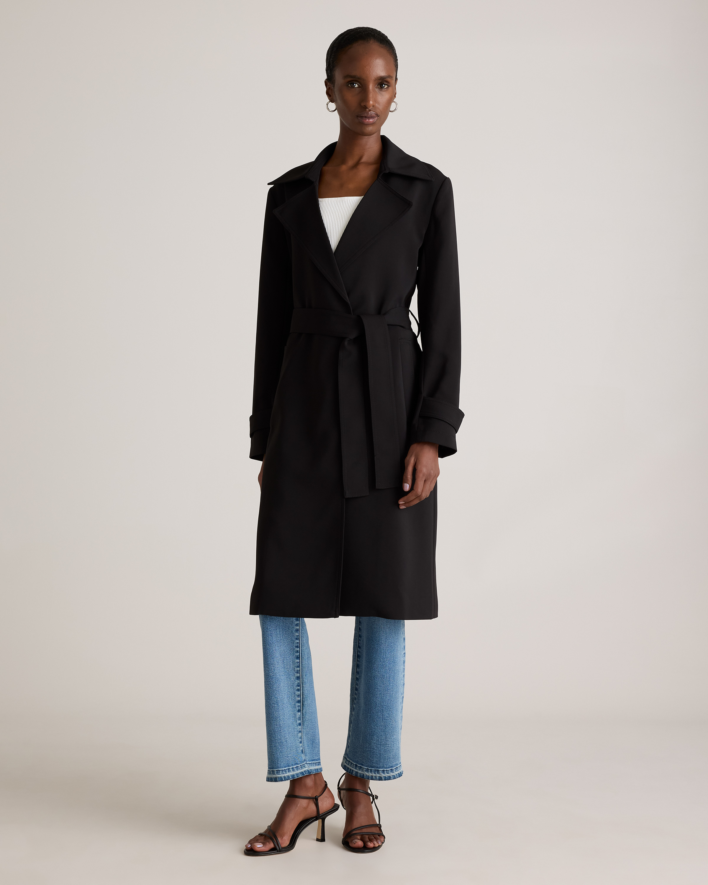 Stretch Crepe Trench Coat in Black
