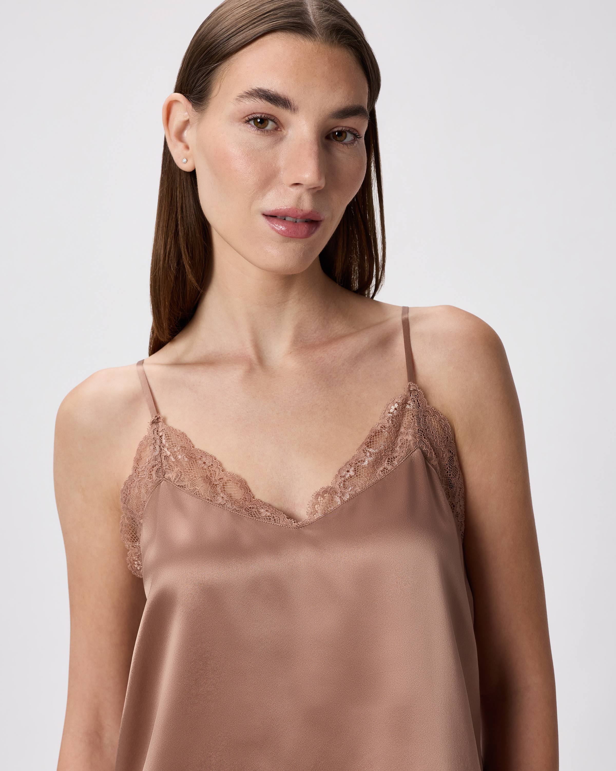 100% Washable Silk Satin Lace Cami Pajama Top in Toasted Almond