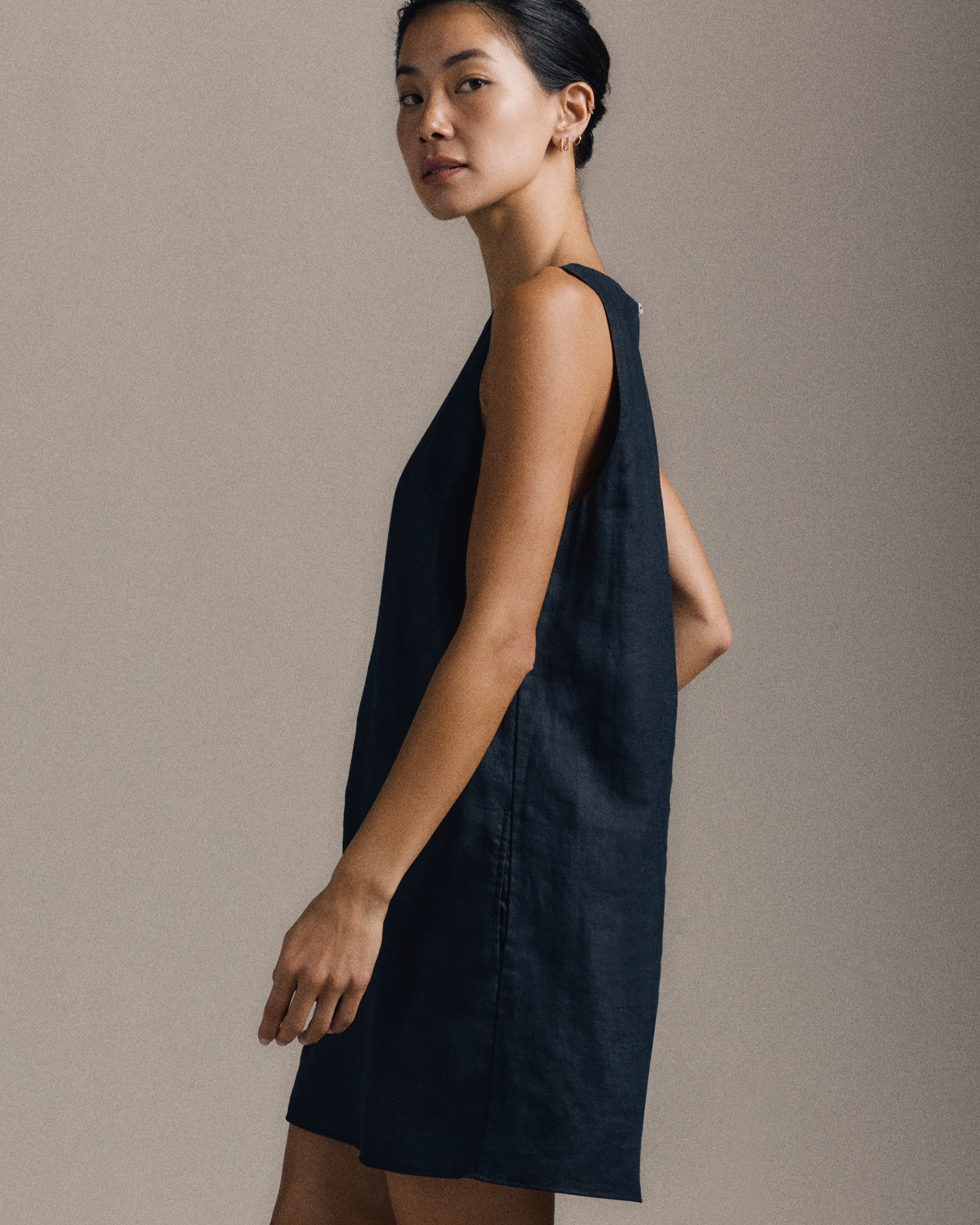 100% European Linen Tank Mini Dress in Black