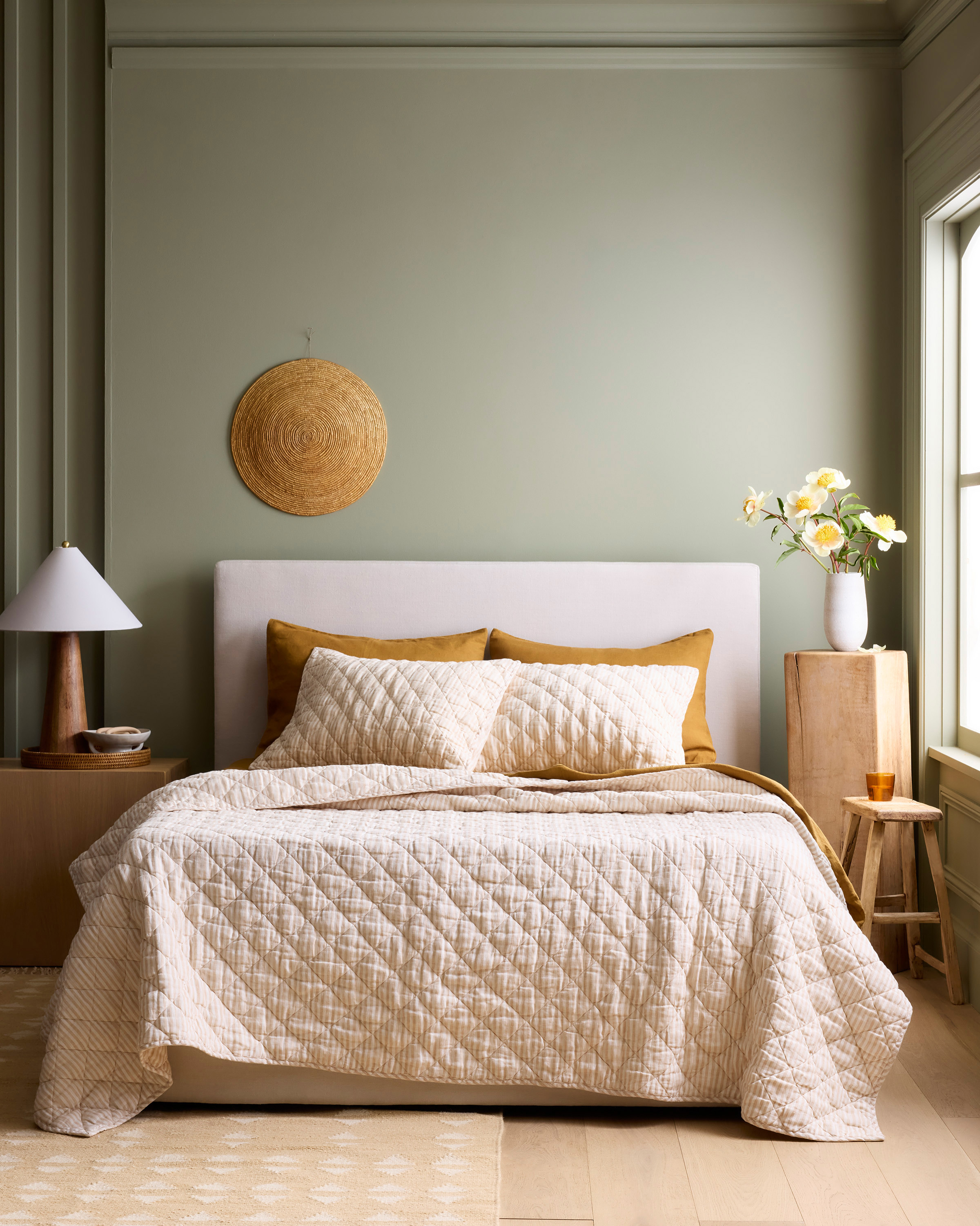 Natural/White Stripe European Linen Stripe Quilt Set 