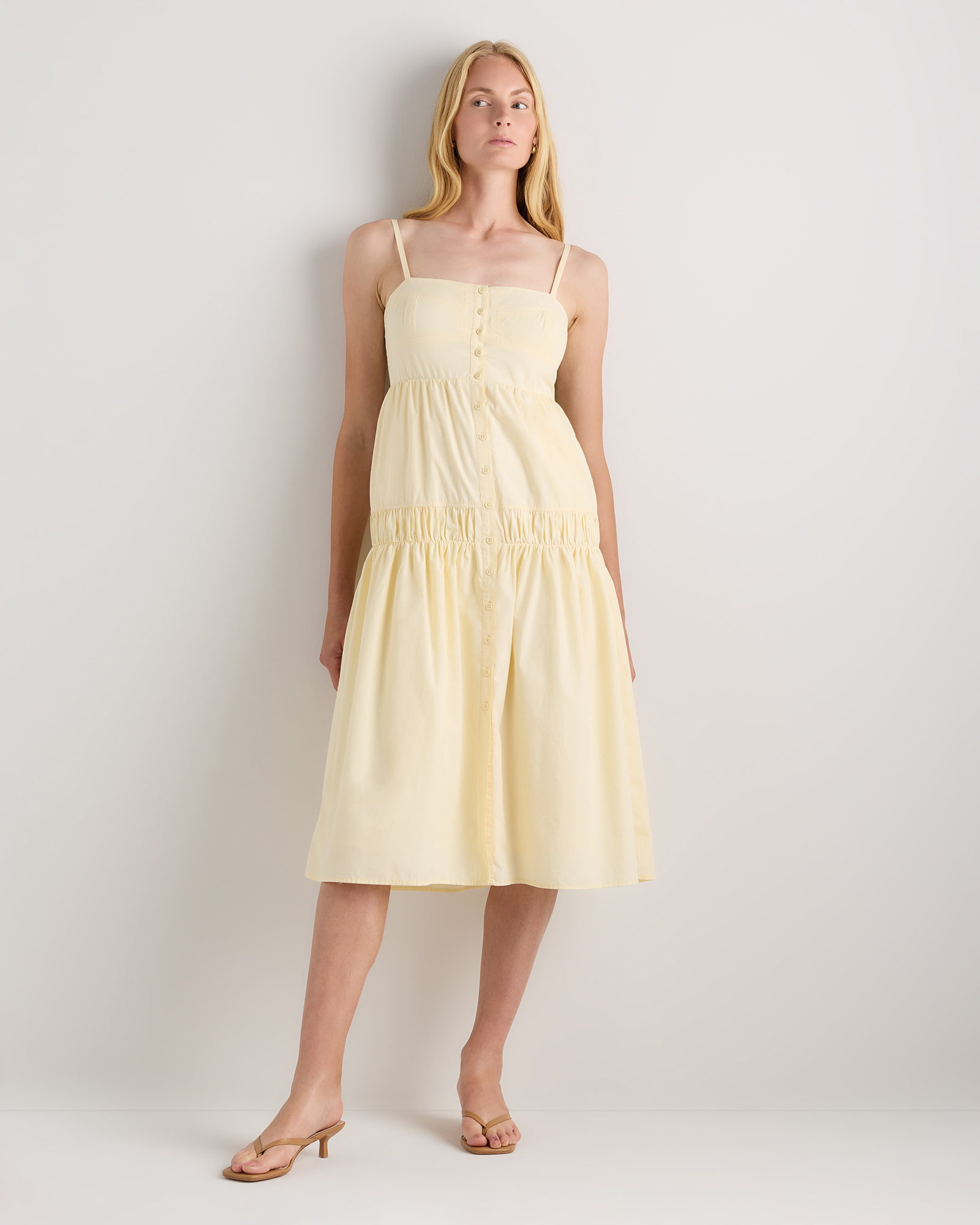 Pale Custard Yellow Robe longue en popeline 100 % coton biologique à bretelles spaghetti