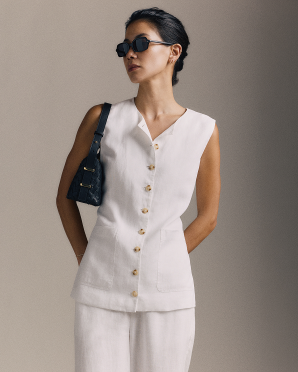 White 100% European Linen Longline Vest