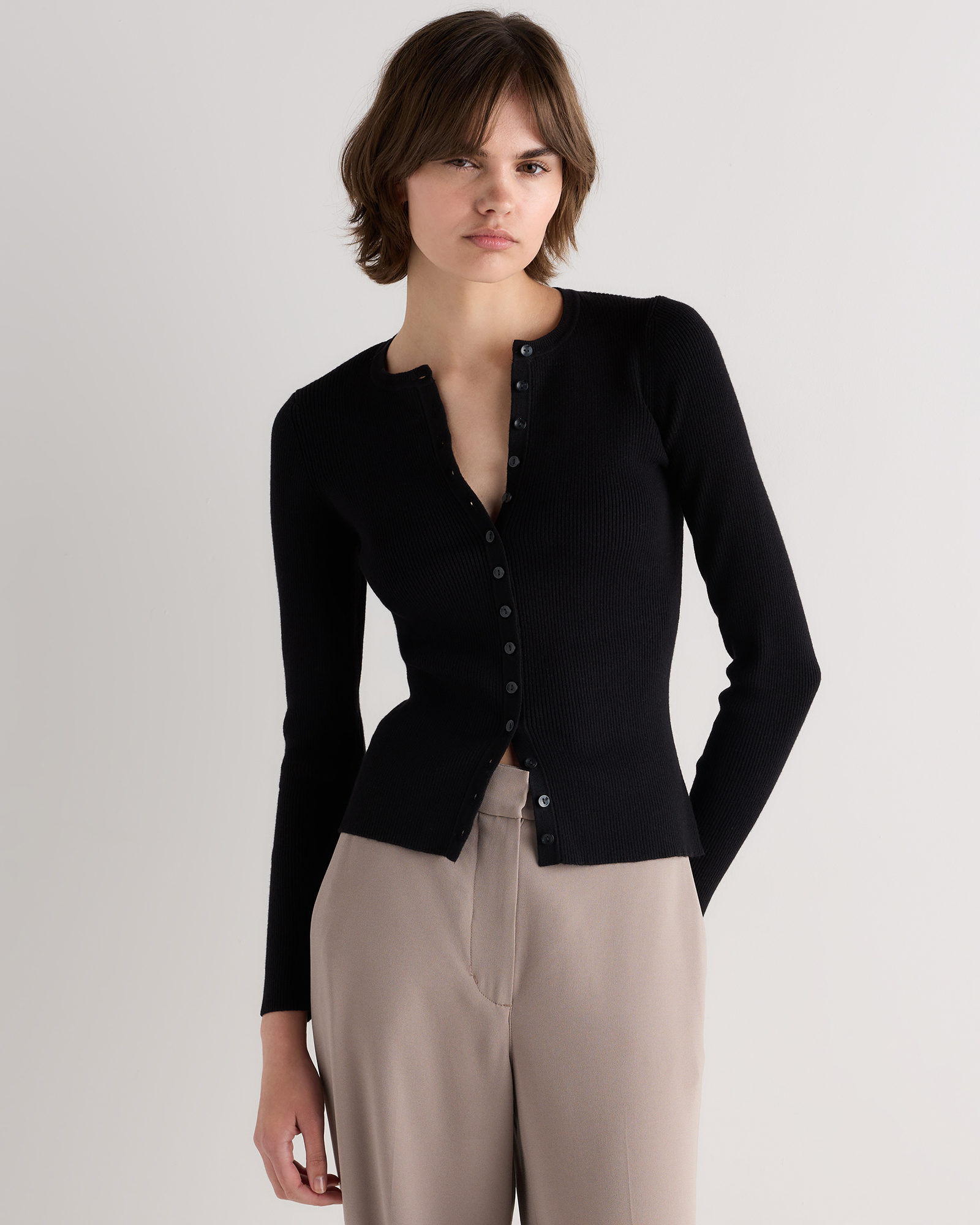 Black Cotton Cashmere Fitted Ribbed Cardigan