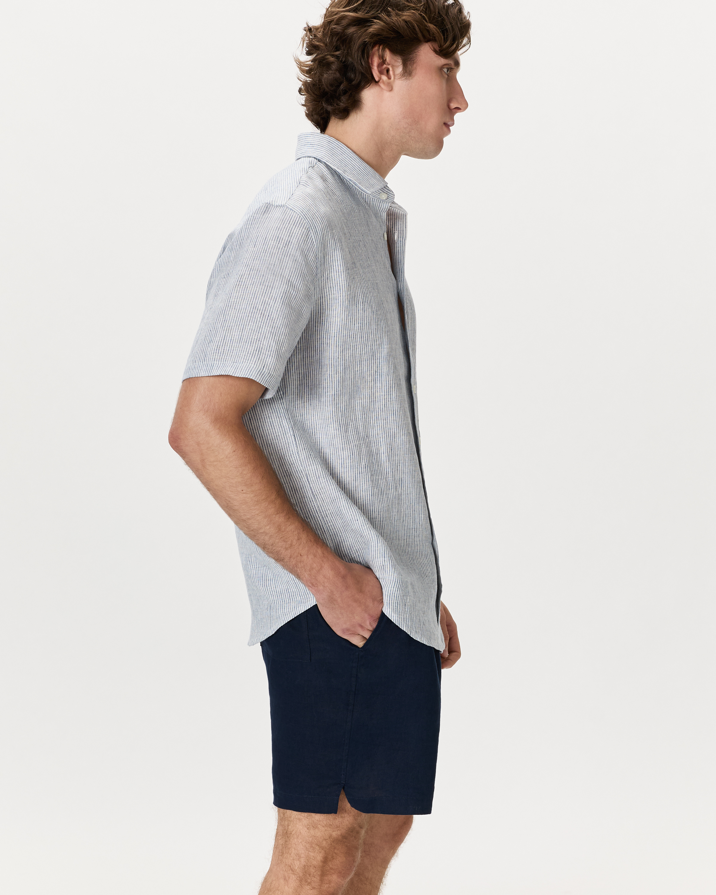100% European Linen Relaxed Short Sleeve Shirt in Blue Pinstripe