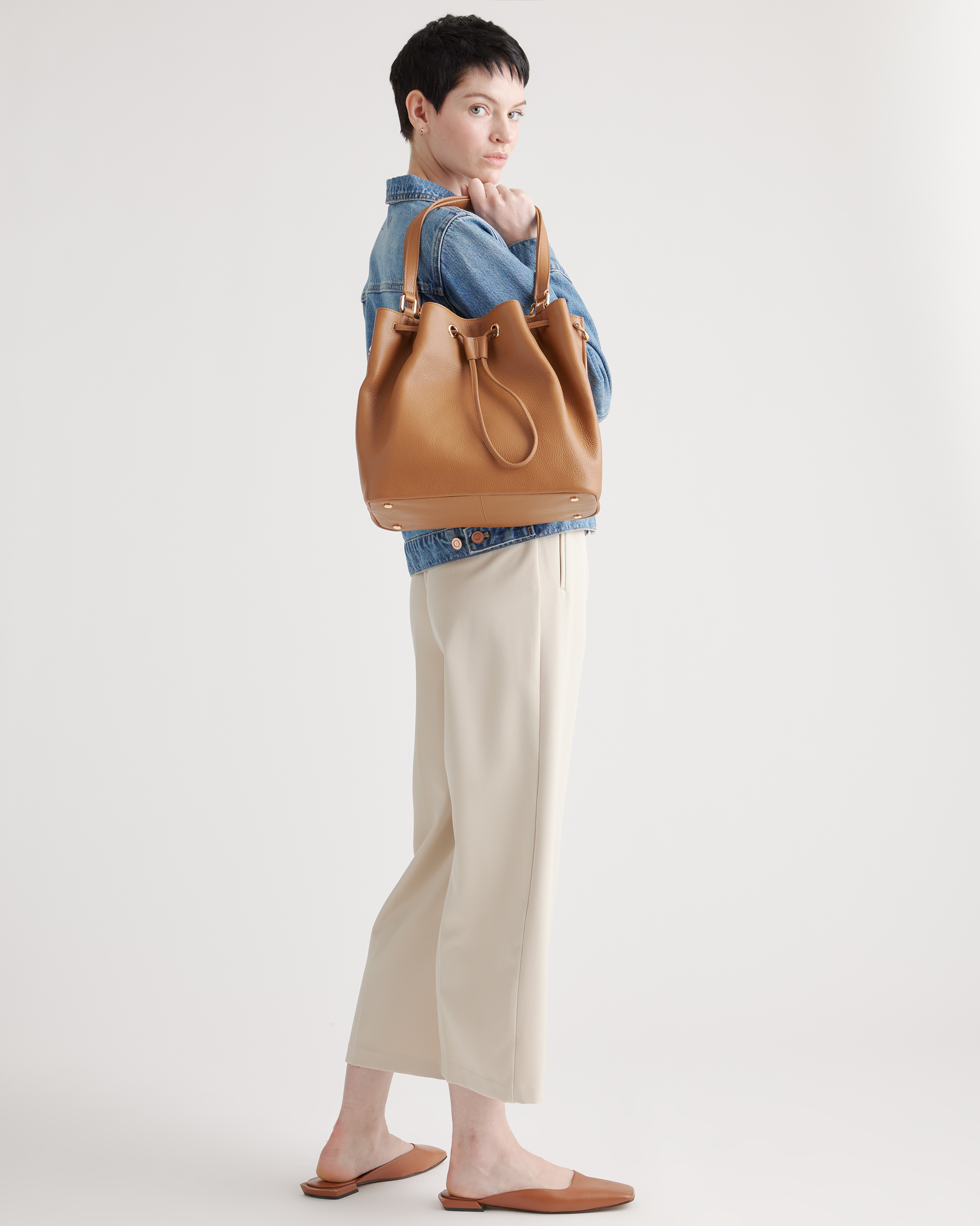 Italian Leather Triple Compartment Bucket Bag
