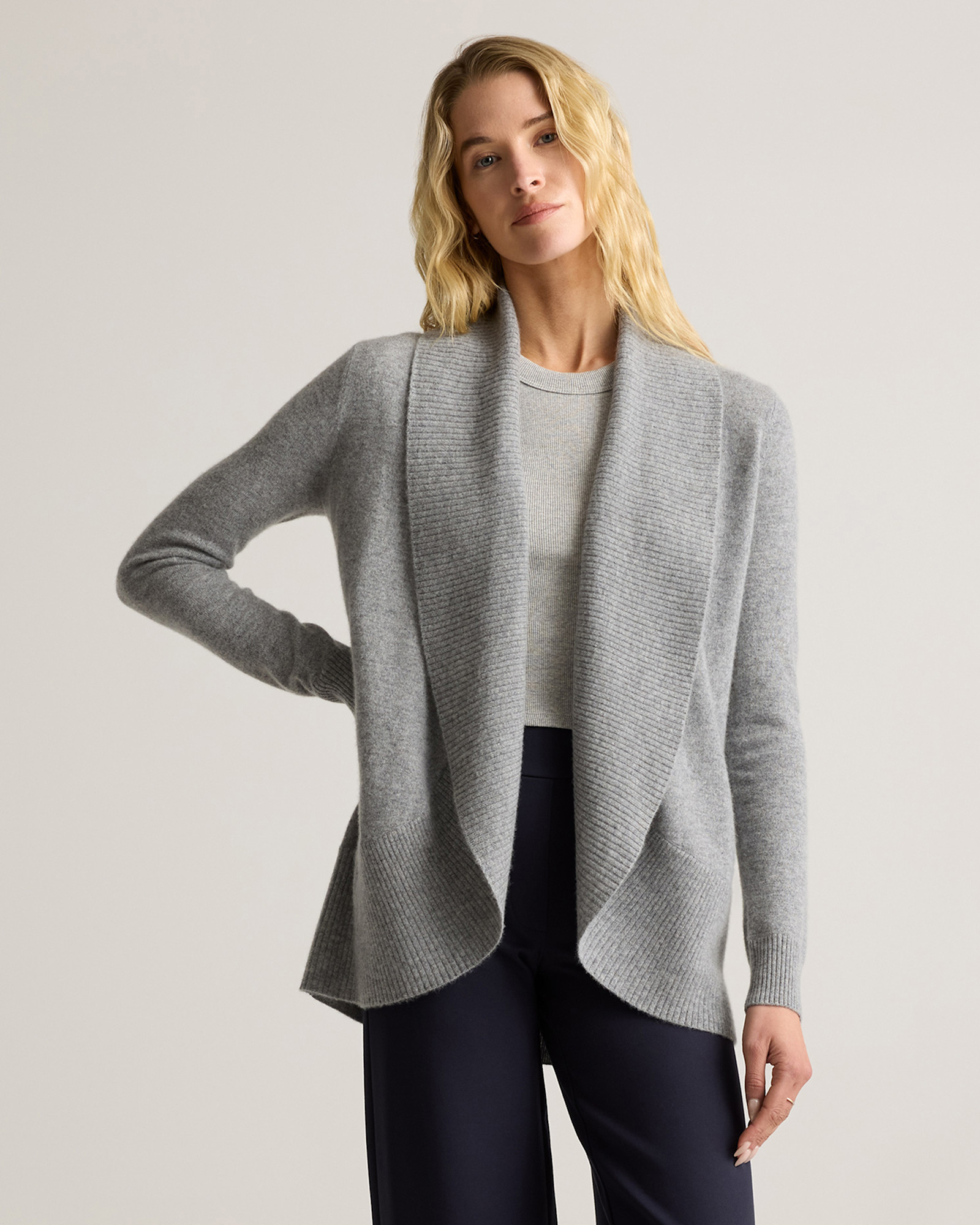 Quince Mongolian cashmere open shawl-collar cardigan in heather grey