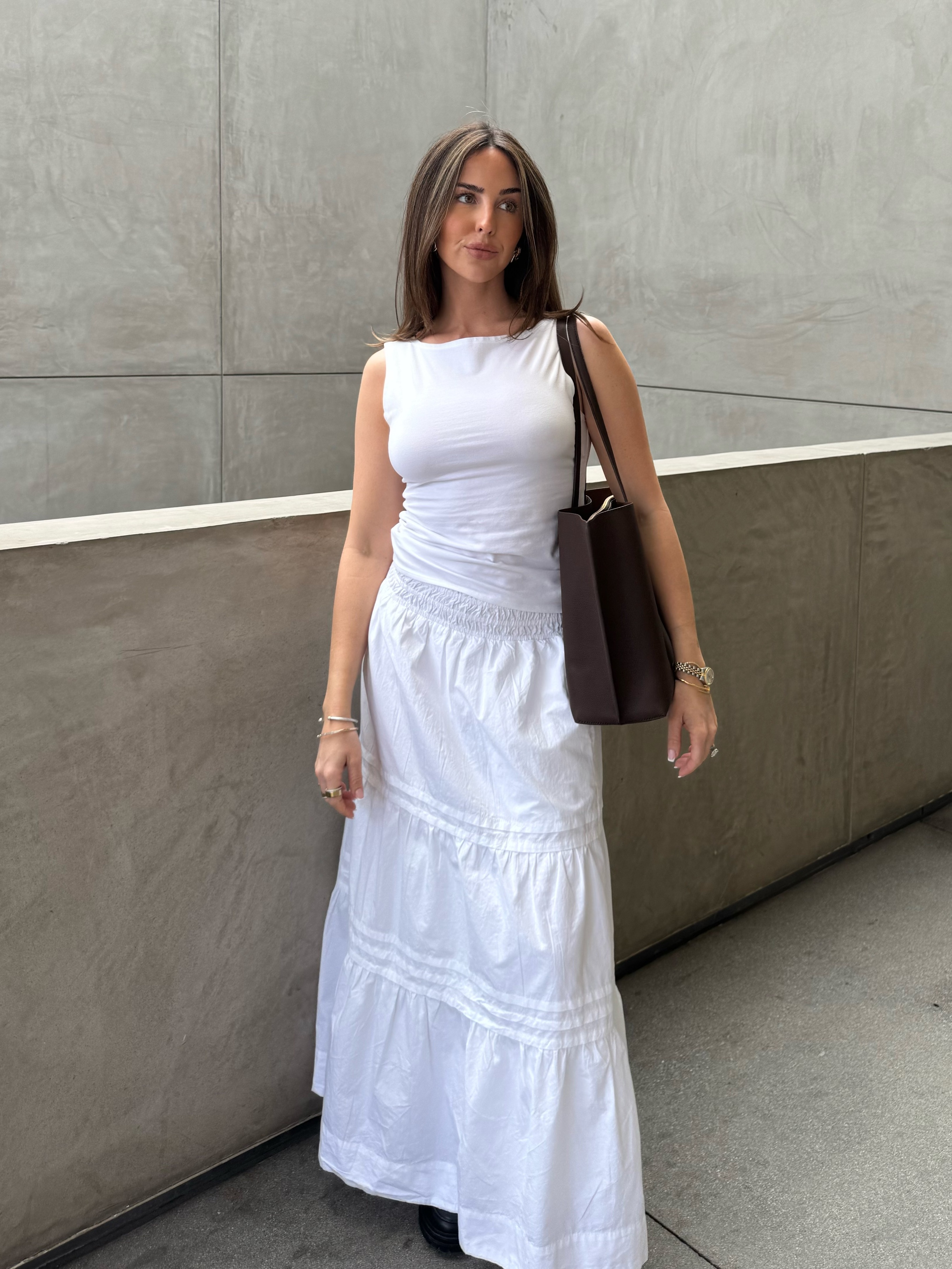 Classic White 100% Organic Cotton Poplin Tiered Maxi Skirt