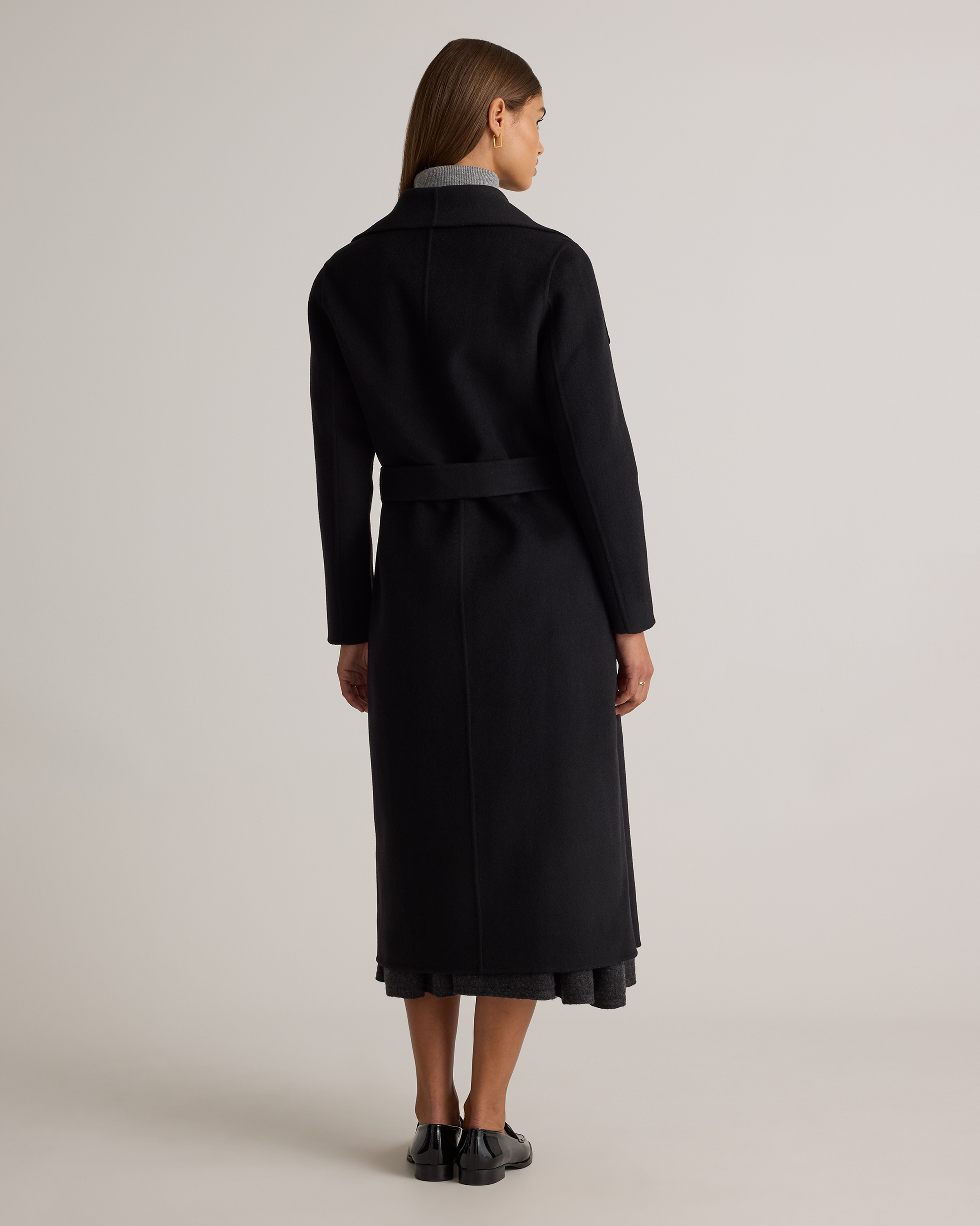 Double-Faced Merino Wool Draped Collar Wrap Coat in Black