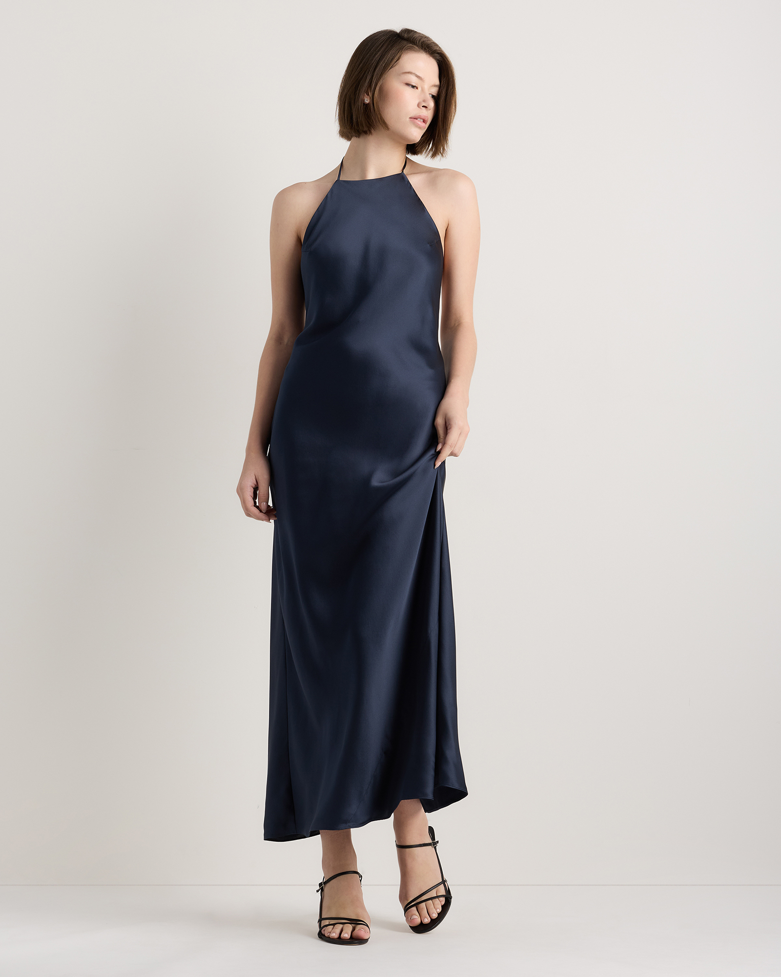 Navy 100% Washable Silk Halter Maxi Dress