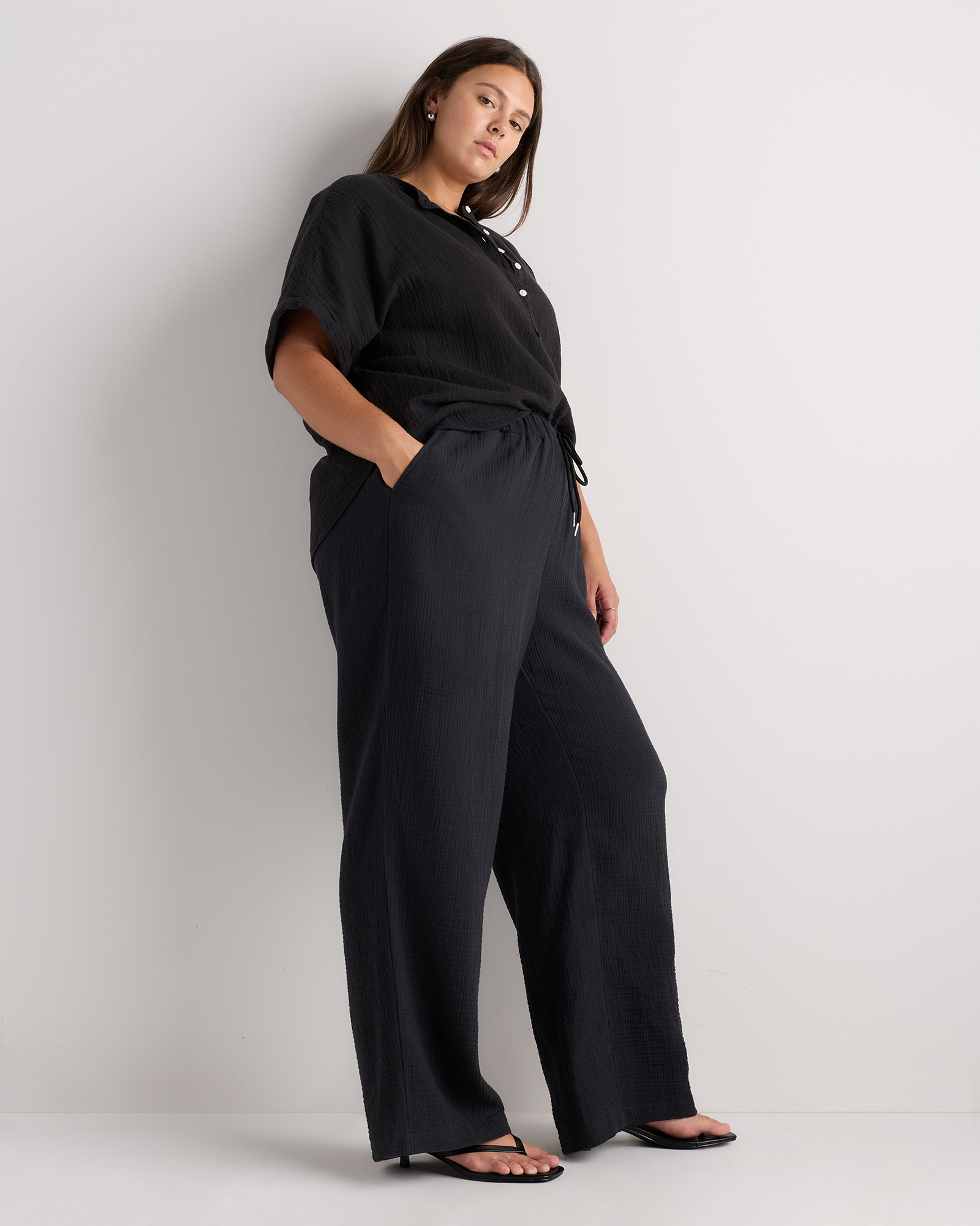 100% Organic Cotton Gauze Straight Leg Pants - Plus Size in Black