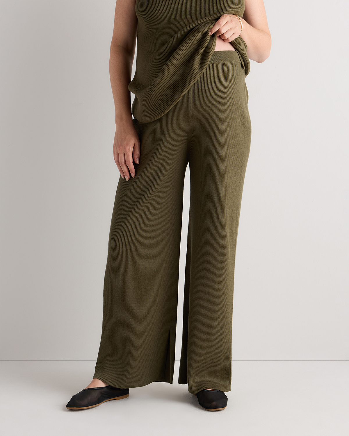 Olive Cotton Cashmere Maternity Wide Leg Pants
