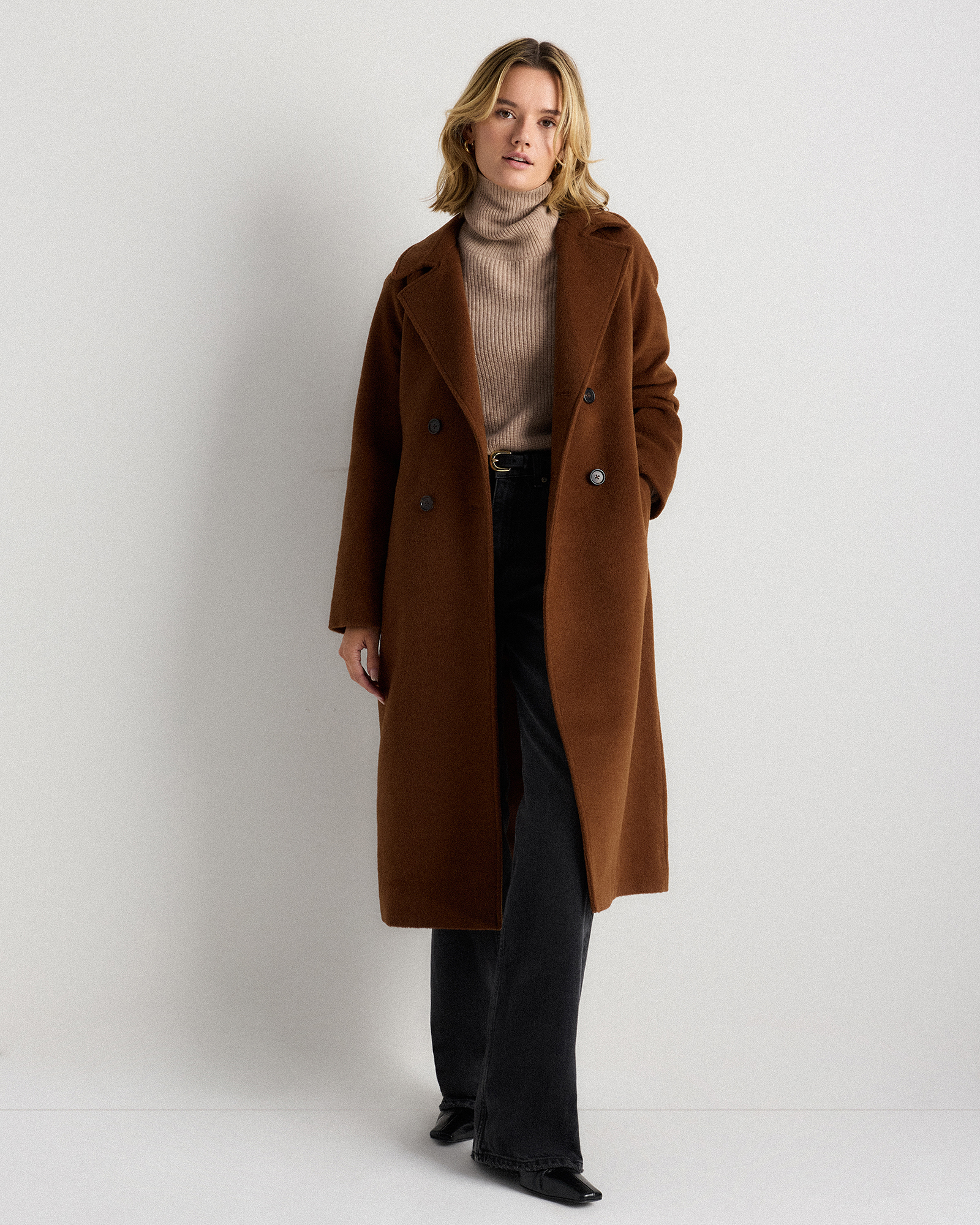 Camel Hair Double-Breasted Long Wrap Coat