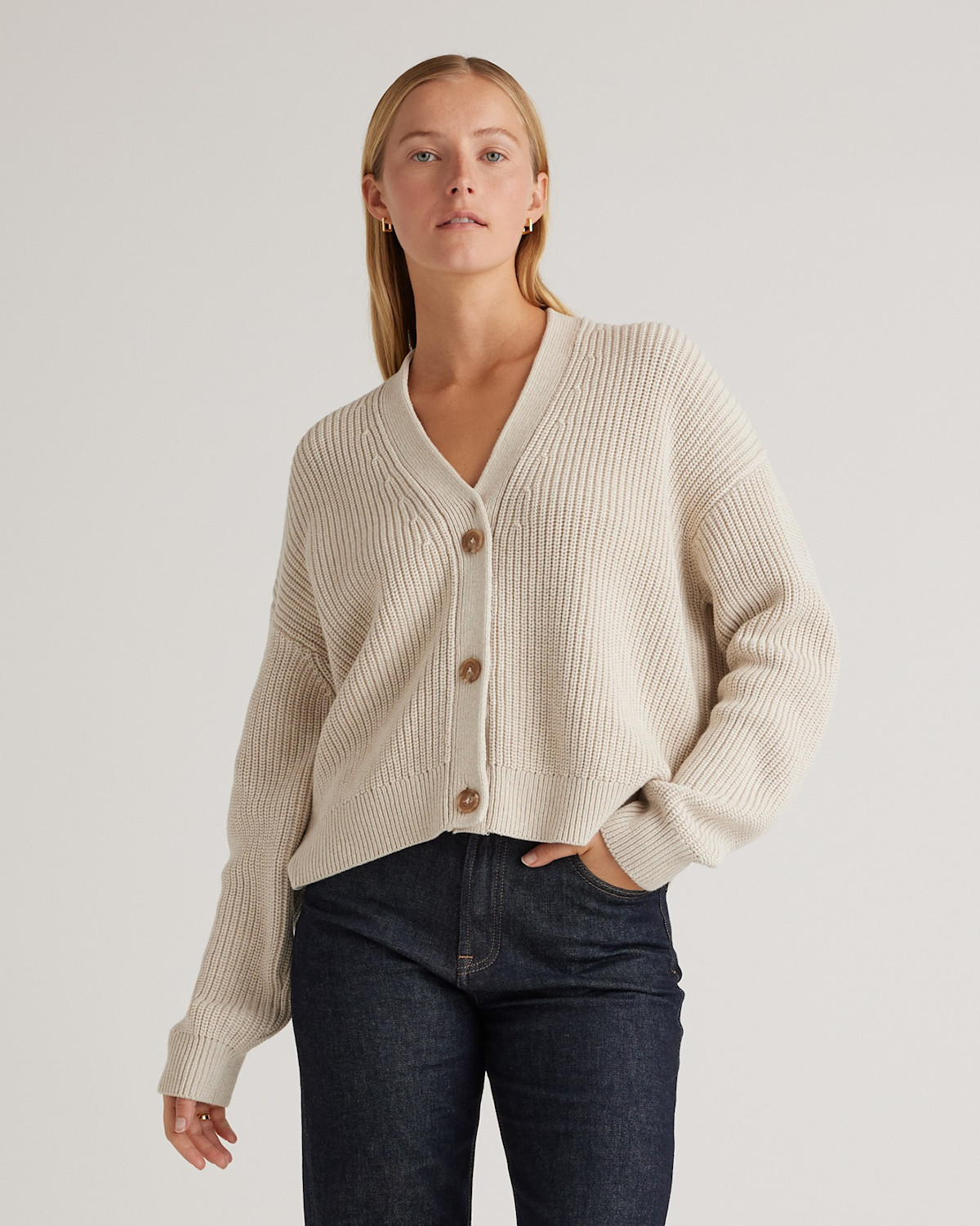 Quince 100% Organic Cotton Fisherman Boxy Cropped Cardigan in Speckled Beige