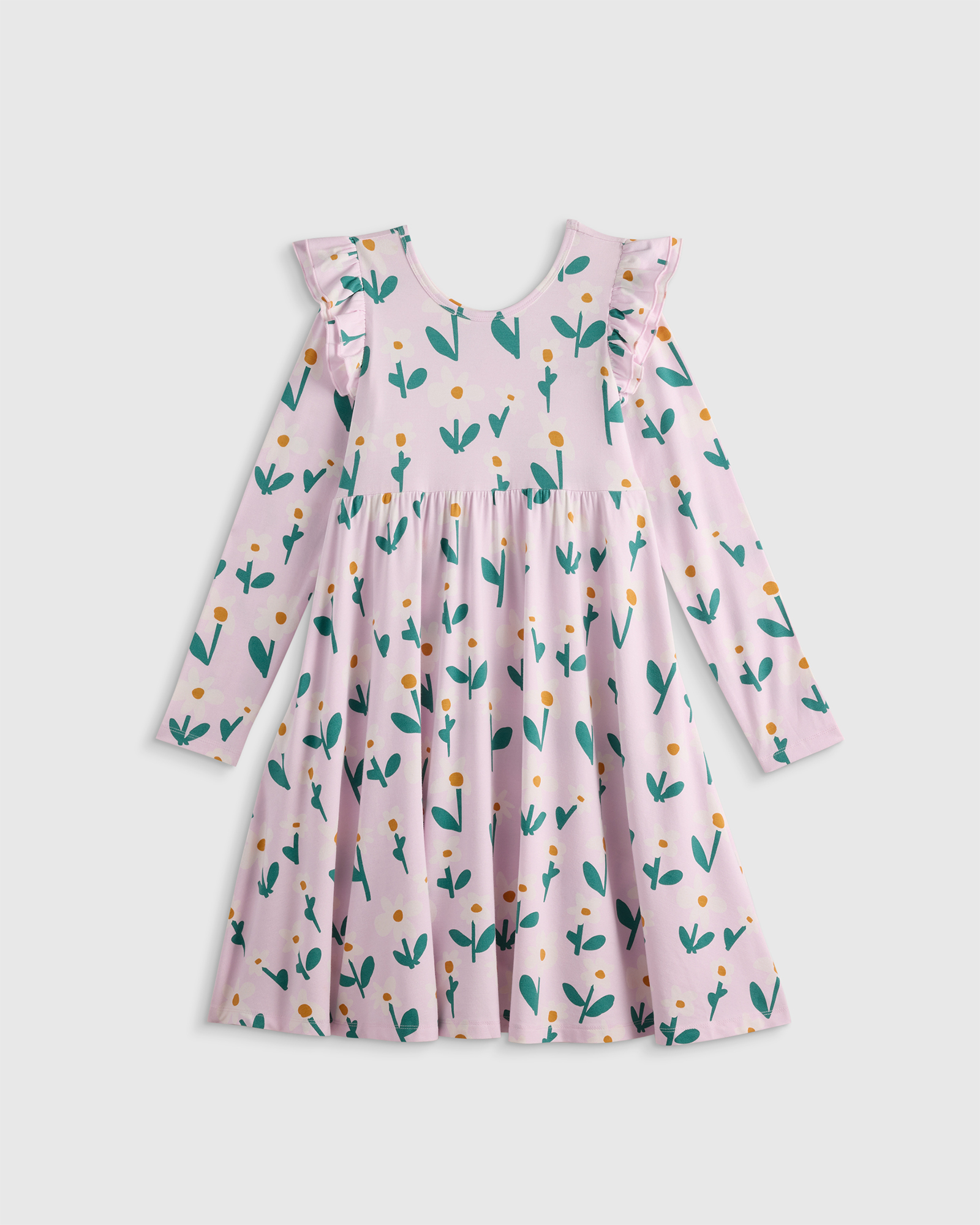 Bright Daisies Bamboo Long Sleeve Flutter Twirl Dress