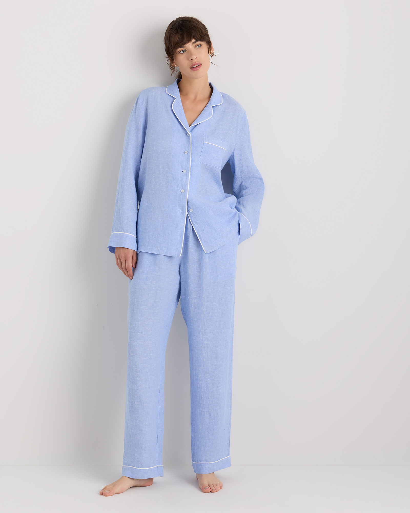 French Blue 100% European Linen Long Sleeve Pajama Set with Piping