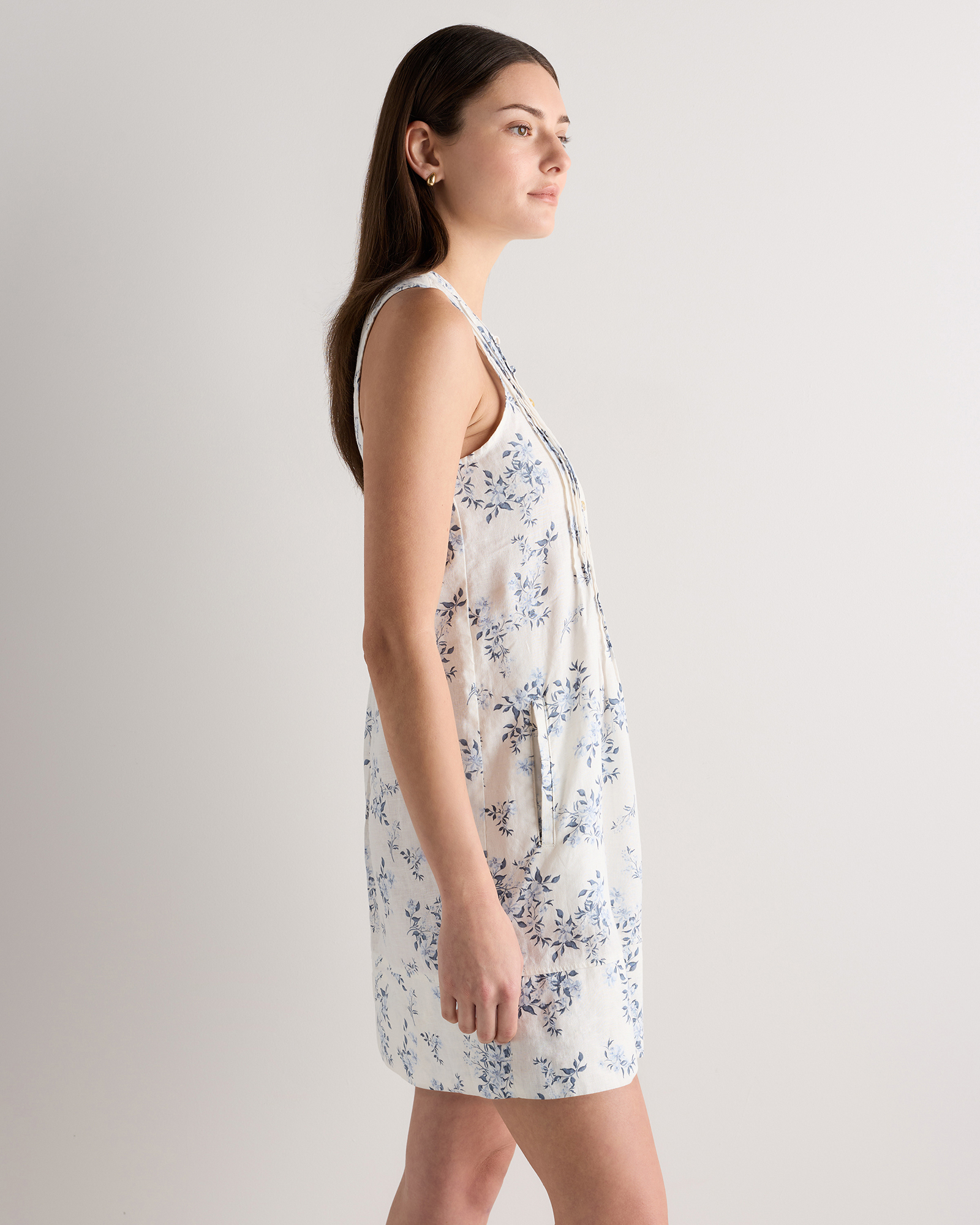 100% European Linen Sleeveless Swing Dress in Ivory Porcelain Blue Petite  Floral