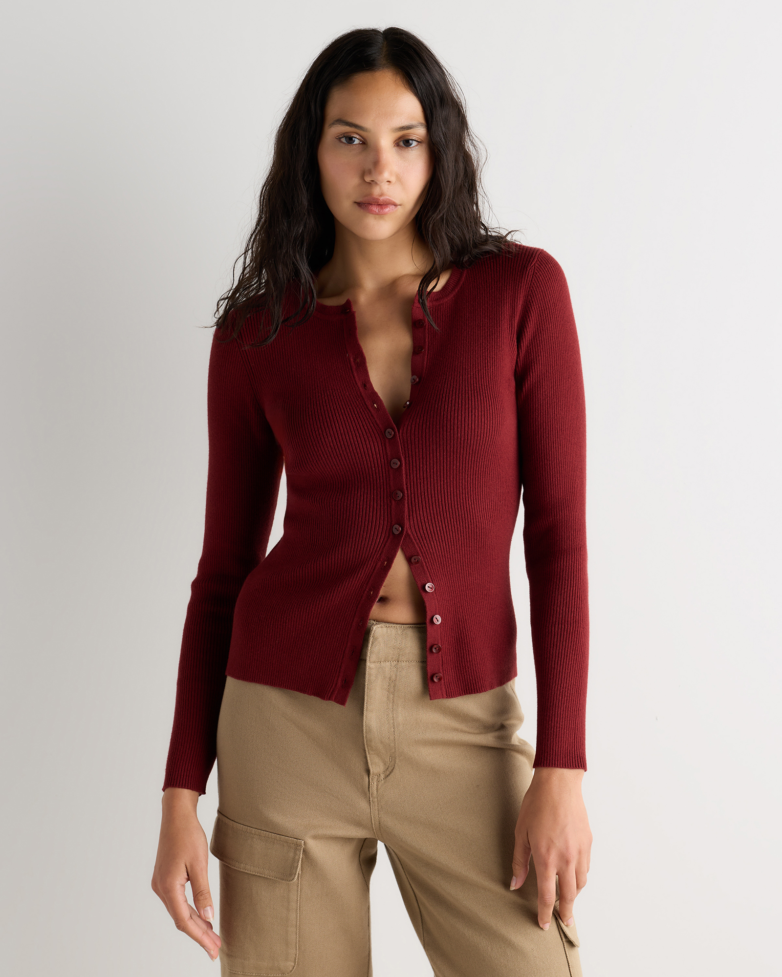 Deep Brick Red Cotton Cashmere Fitted Ribbed Cardigan