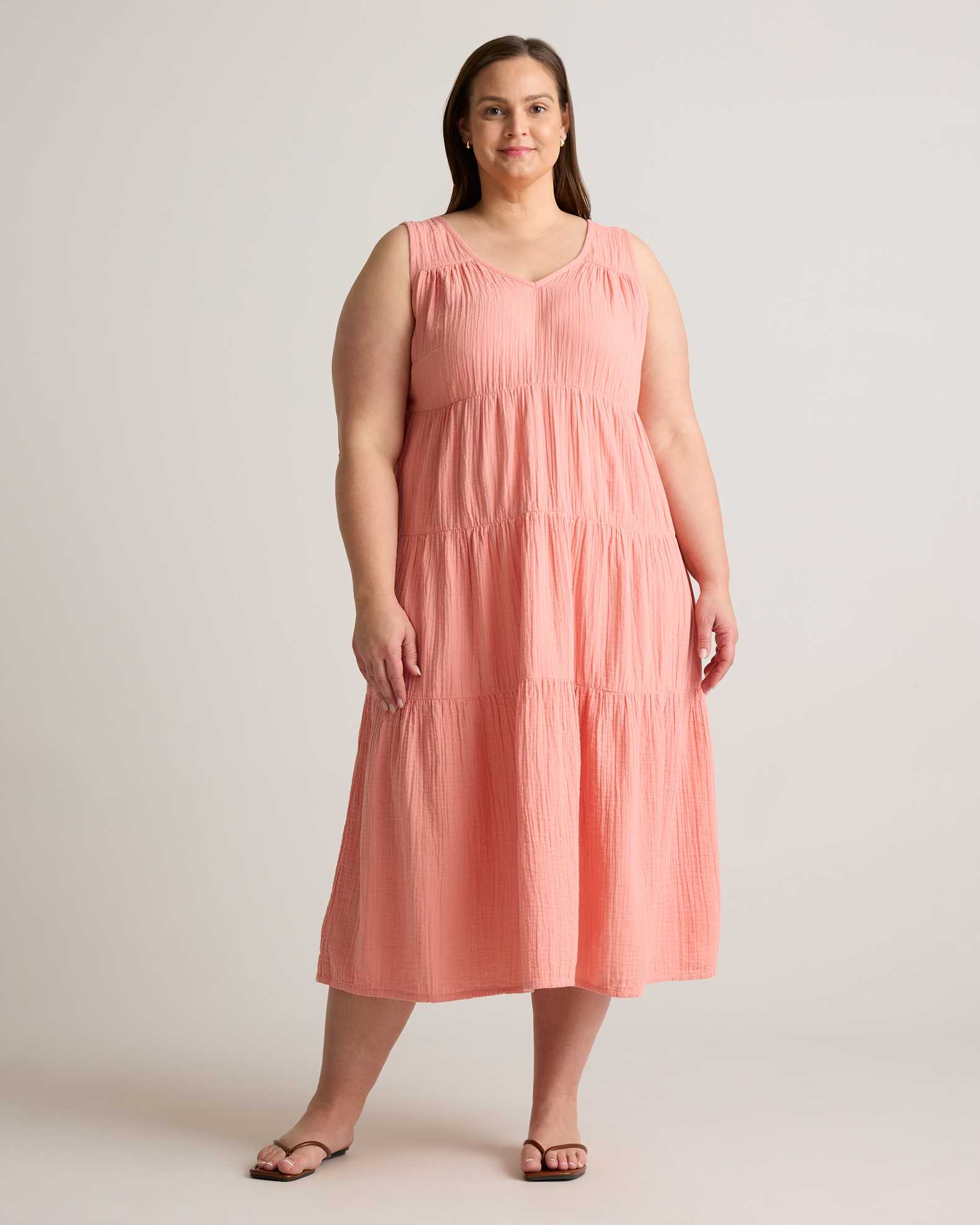 Extended Sizes 100% Organic Cotton Gauze Tiered Maxi Dress - Plus Size in Coral Blush Extended Sizes 100% Organic Cotton Gauze Tiered Maxi Dress - Plus Size in Coral Blush
