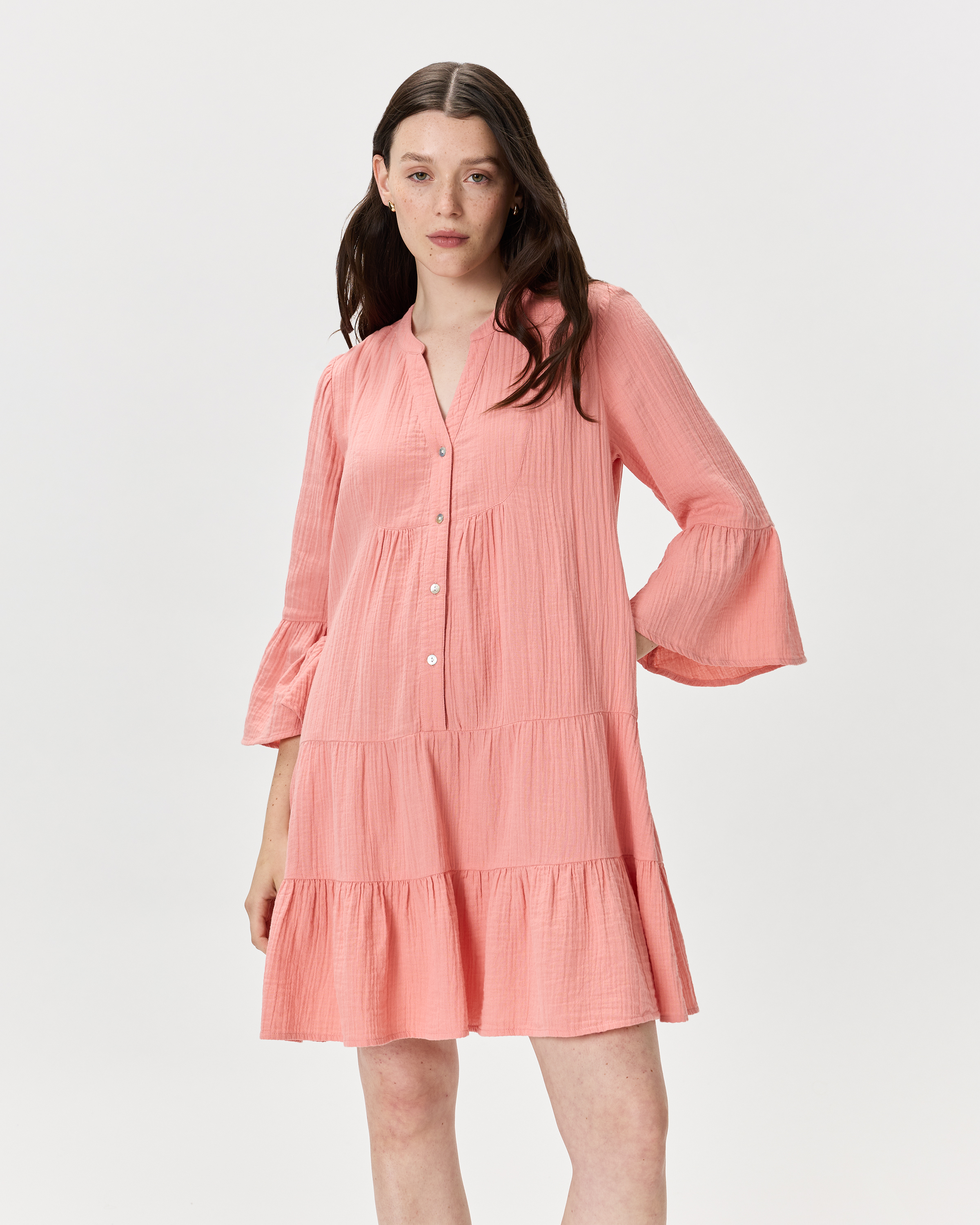 Coral Blush 100% Organic Cotton Gauze Long Sleeve Tiered Mini Dress