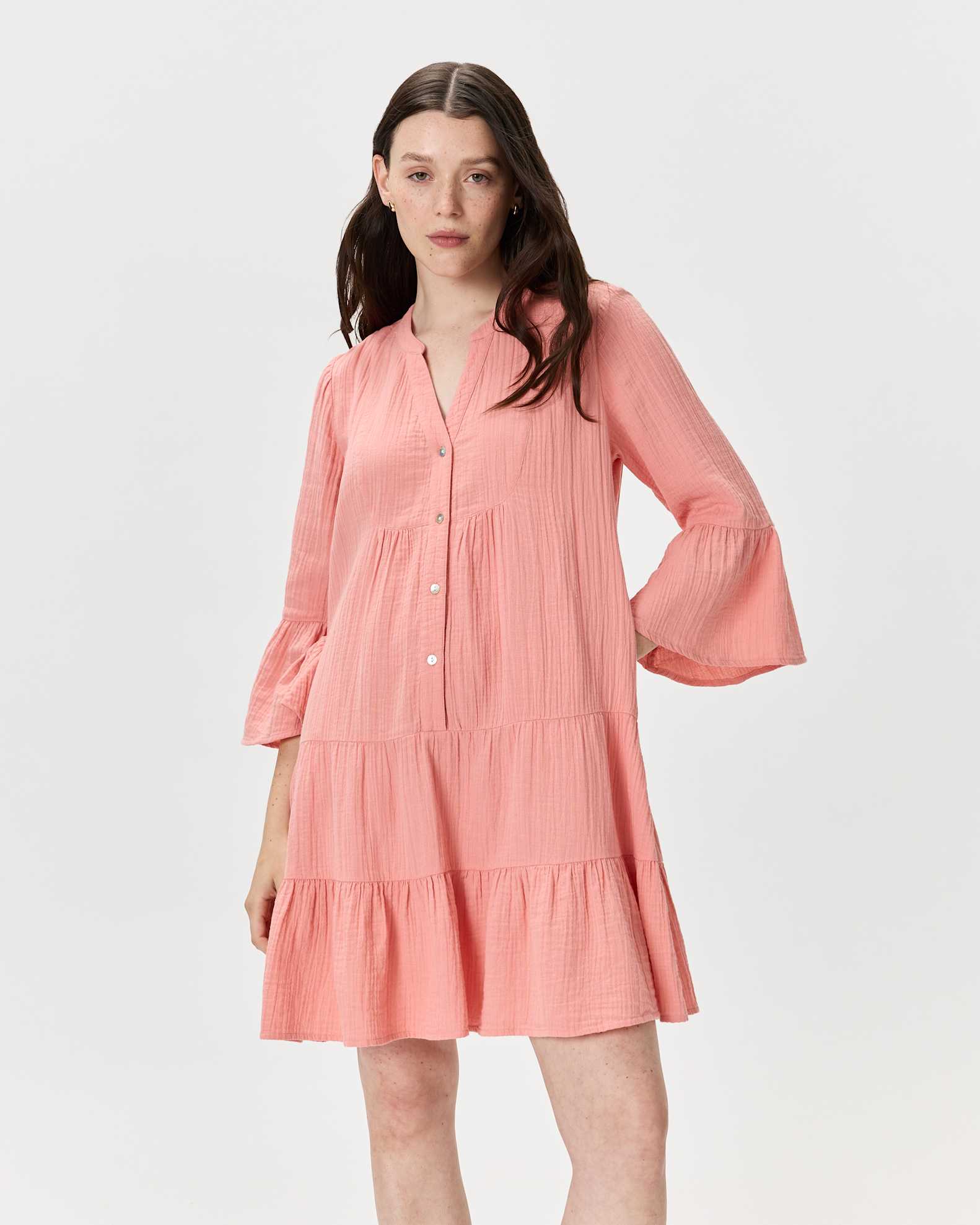 Women's Gauze Long Sleeve Tiered Mini Dress in Coral Blush, Size Large, Organic Cotton by Quince Women's Gauze Long Sleeve Tiered Mini Dress in Coral Blush, Size Large, Organic Cotton by Quince