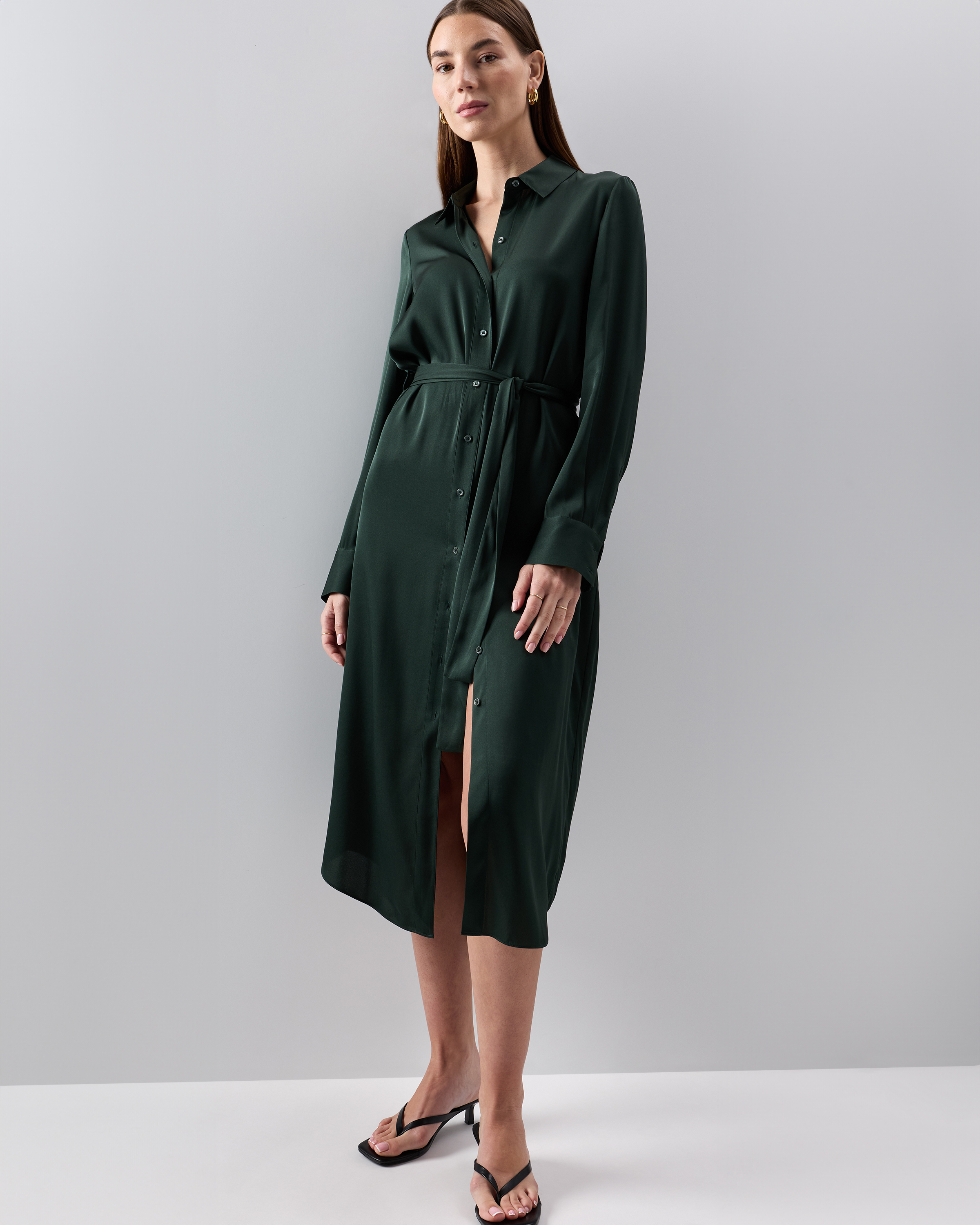 Washable Stretch Silk Maxi Shirt Dress in Forest Green