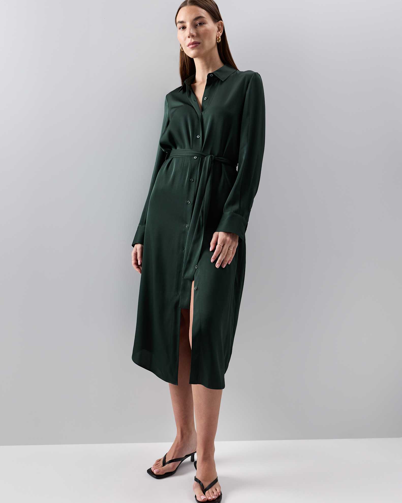 Washable Stretch Silk Maxi Shirt Dress in Forest Green Washable Stretch Silk Maxi Shirt Dress in Forest Green