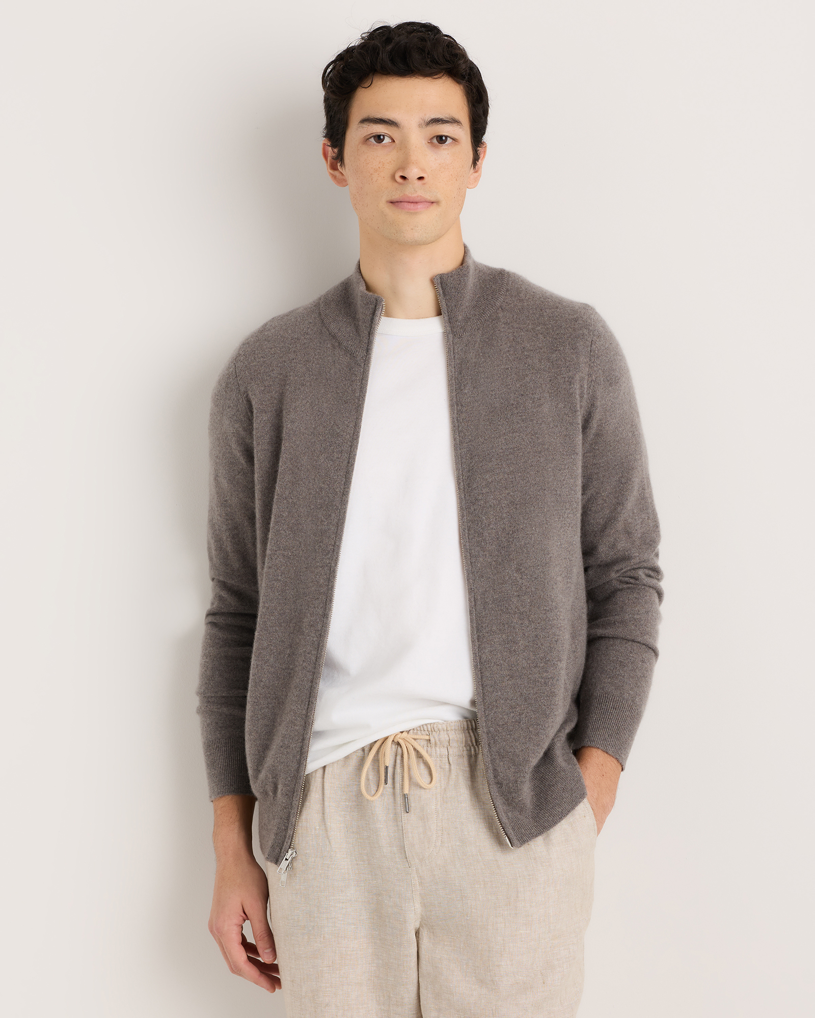 Elk Brown Pull en cachemire de Mongolie à fermeture à glissière