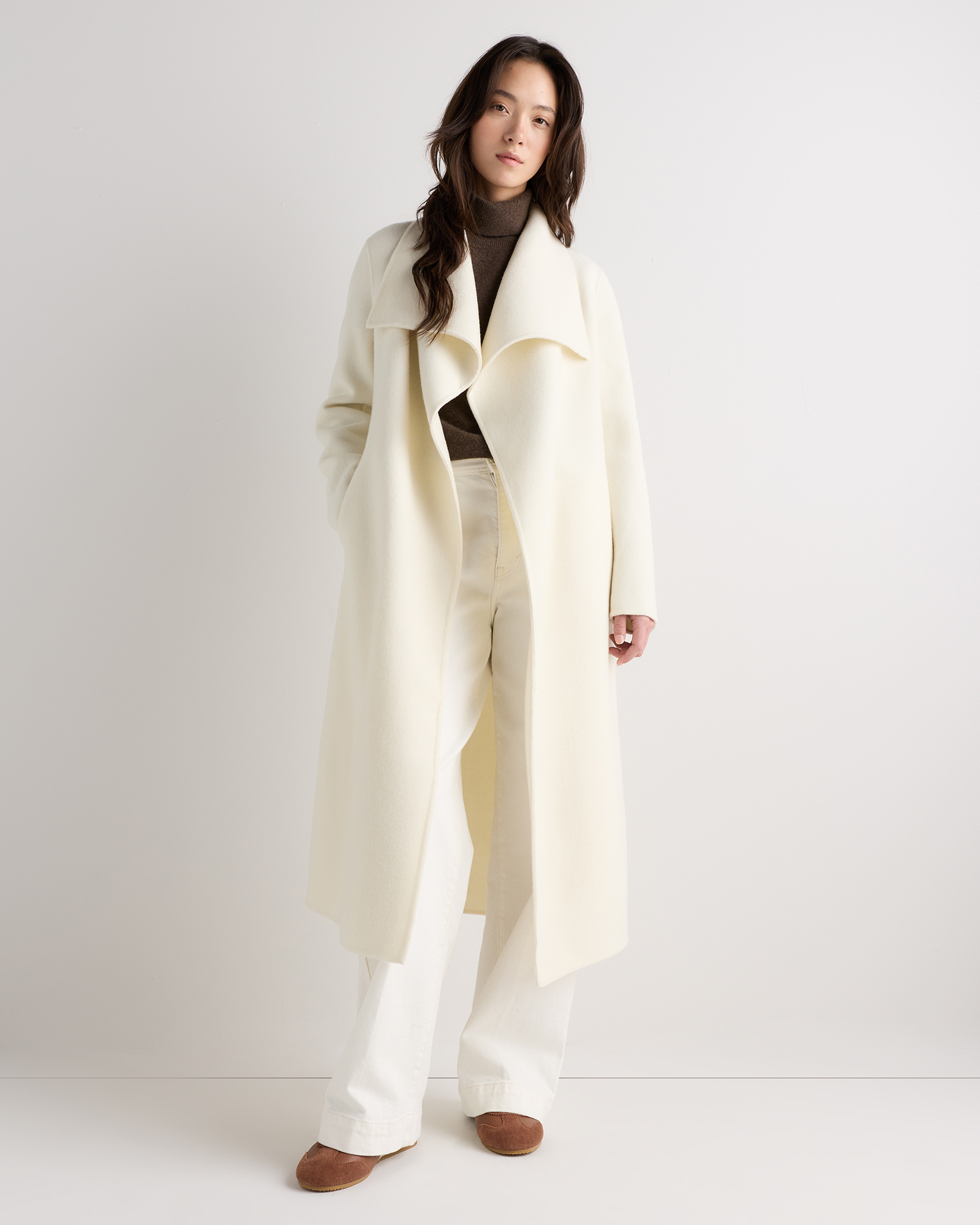 Rich Creme Ivory Double-Faced Merino Wool Draped Collar Wrap Coat