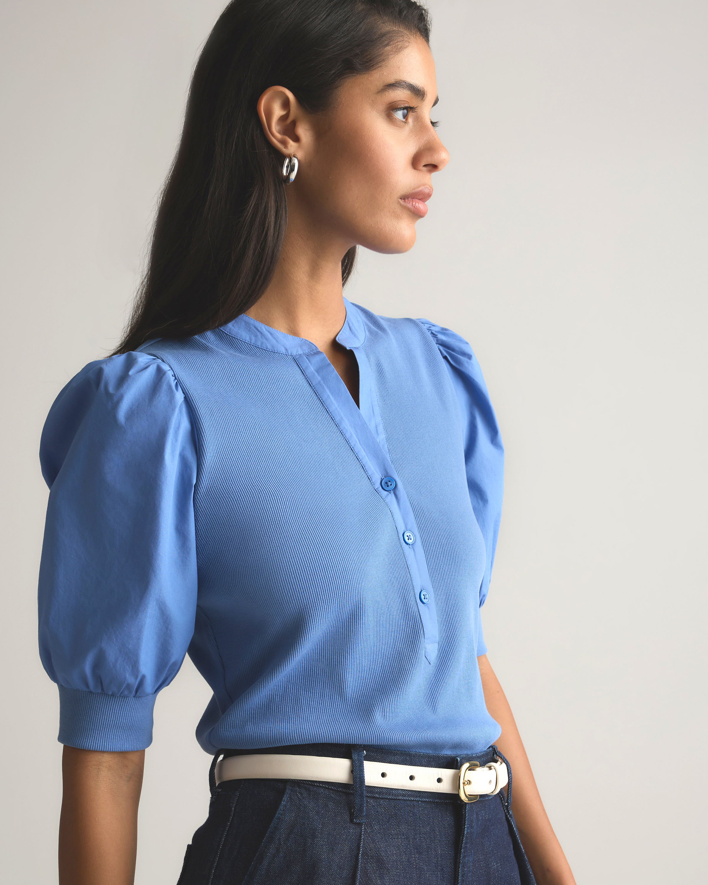Cotton Mixed Media Puff Sleeve Top in True Blue