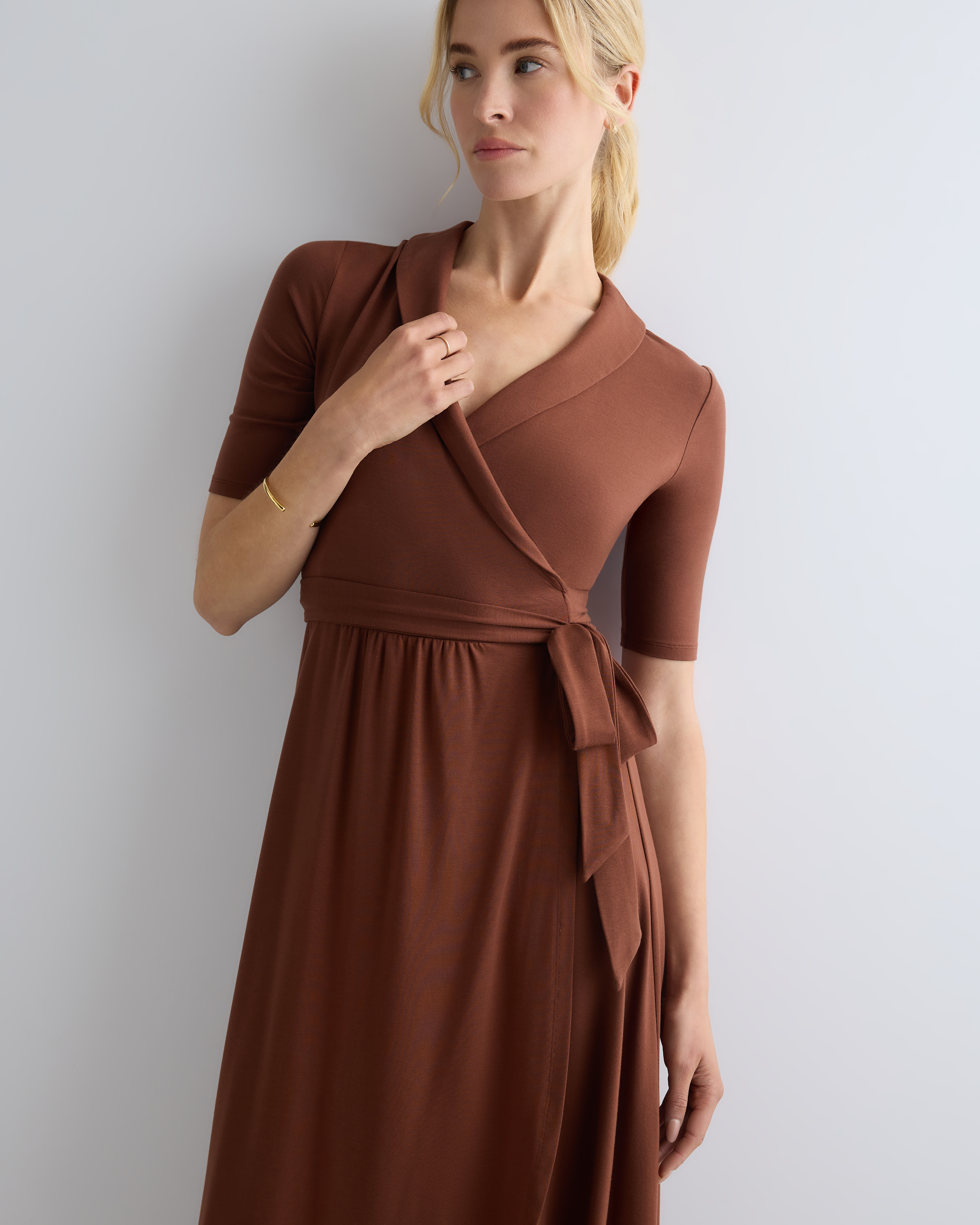 knee length dresses for ladies Royal Blue Cotton Poplin V-Neck Gathered Midi Wrap Dress 68