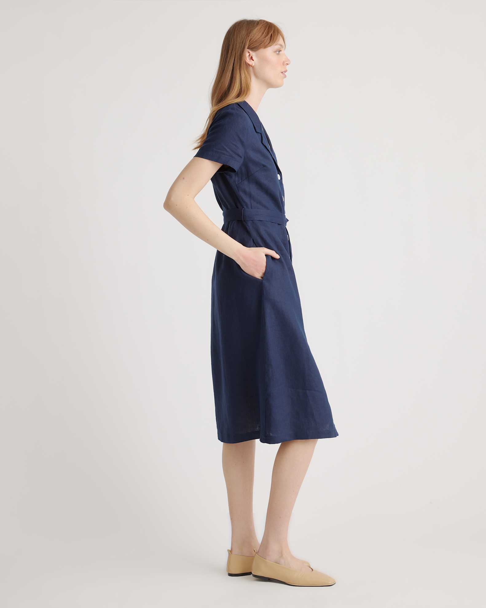 Women's 100% European Linen Button Front Dress in Deep Navy, Size Medium by Quince Women's 100% European Linen Button Front Dress in Deep Navy, Size Medium by Quince