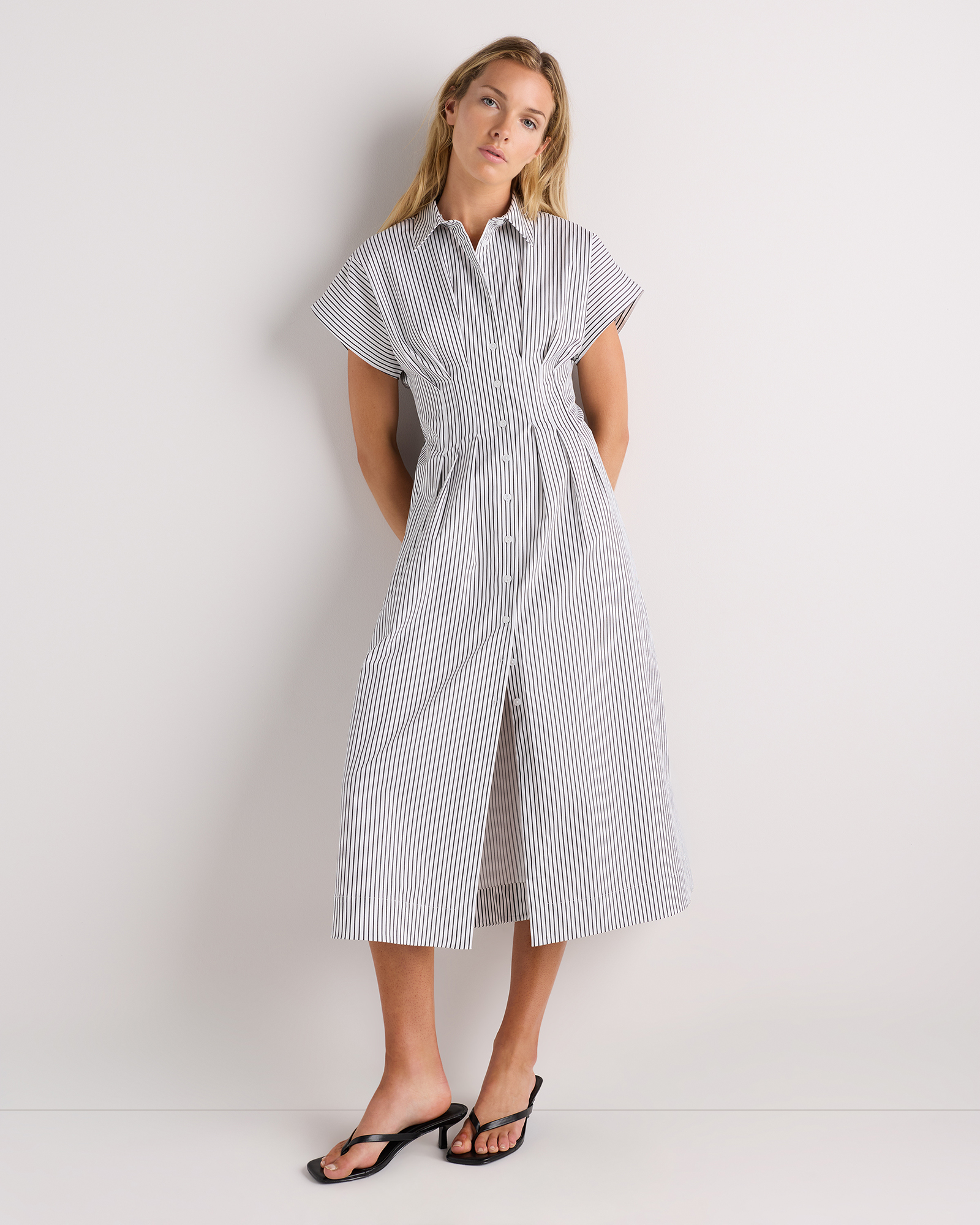 Steel Grey Soho Stripe Stretch Twill Pleated Midi Shirt Dress