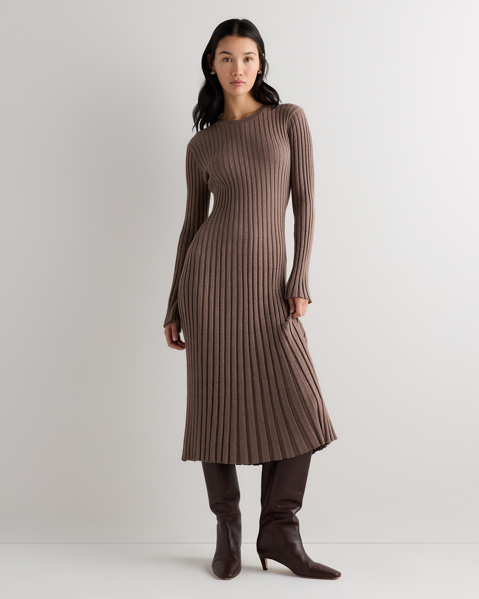 Heathered Mink Taupe Cotton Cashmere Ribbed Long Sleeve Crew Midi Dress