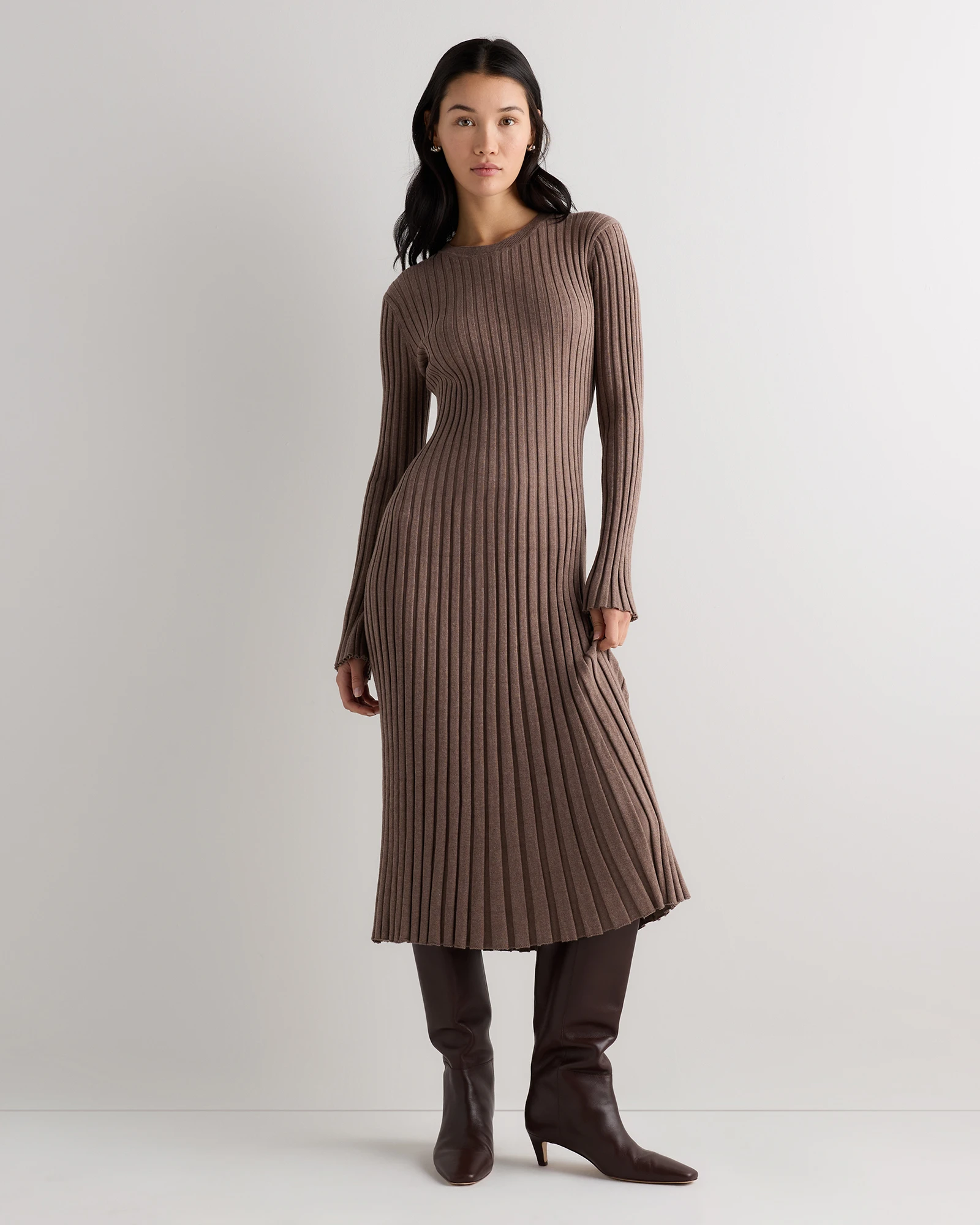 Cotton Cashmere Ribbed Long Sleeve Crew Midi Dress