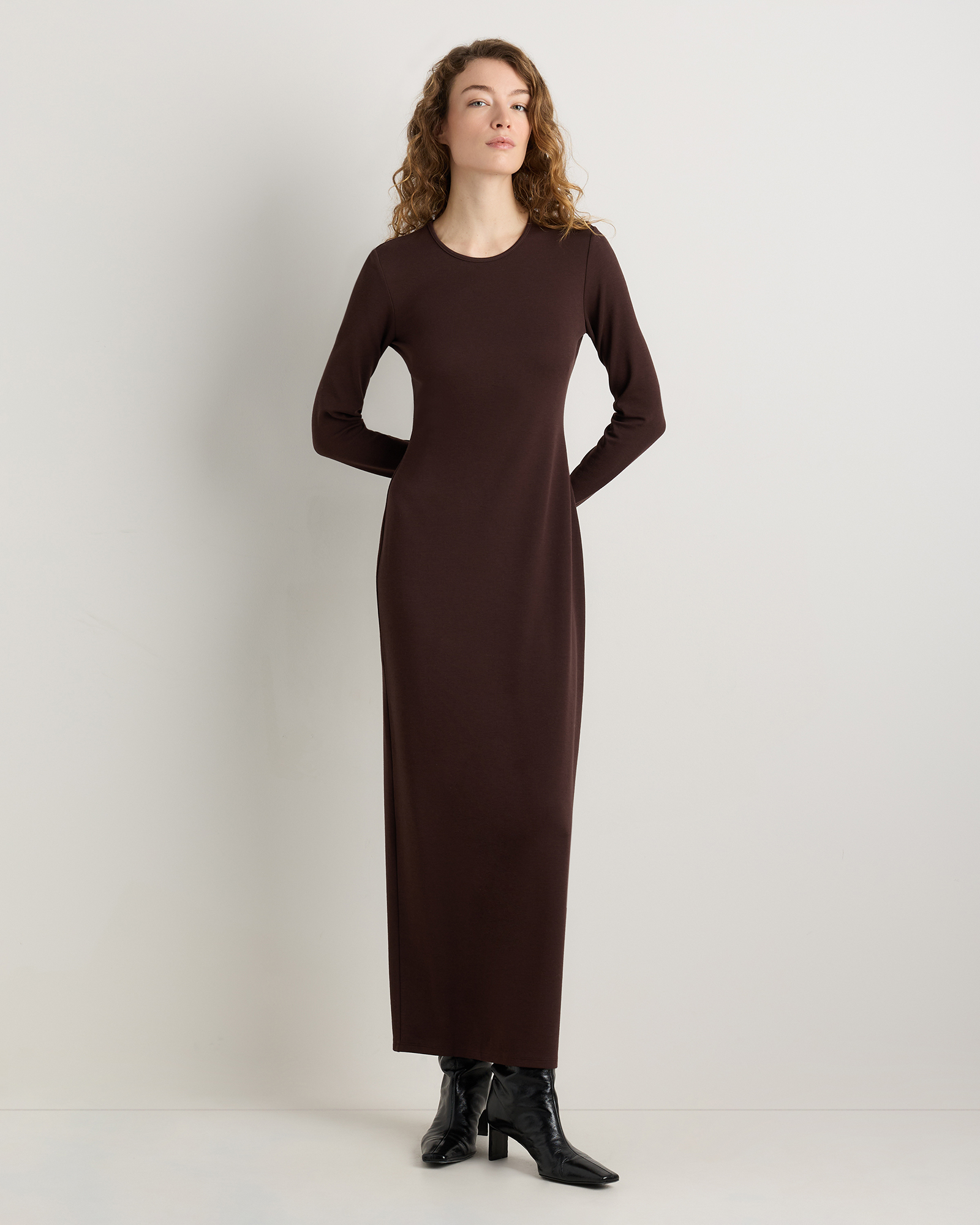 Coffee Bean Brown Long Sleeve Knit Maxi Dress