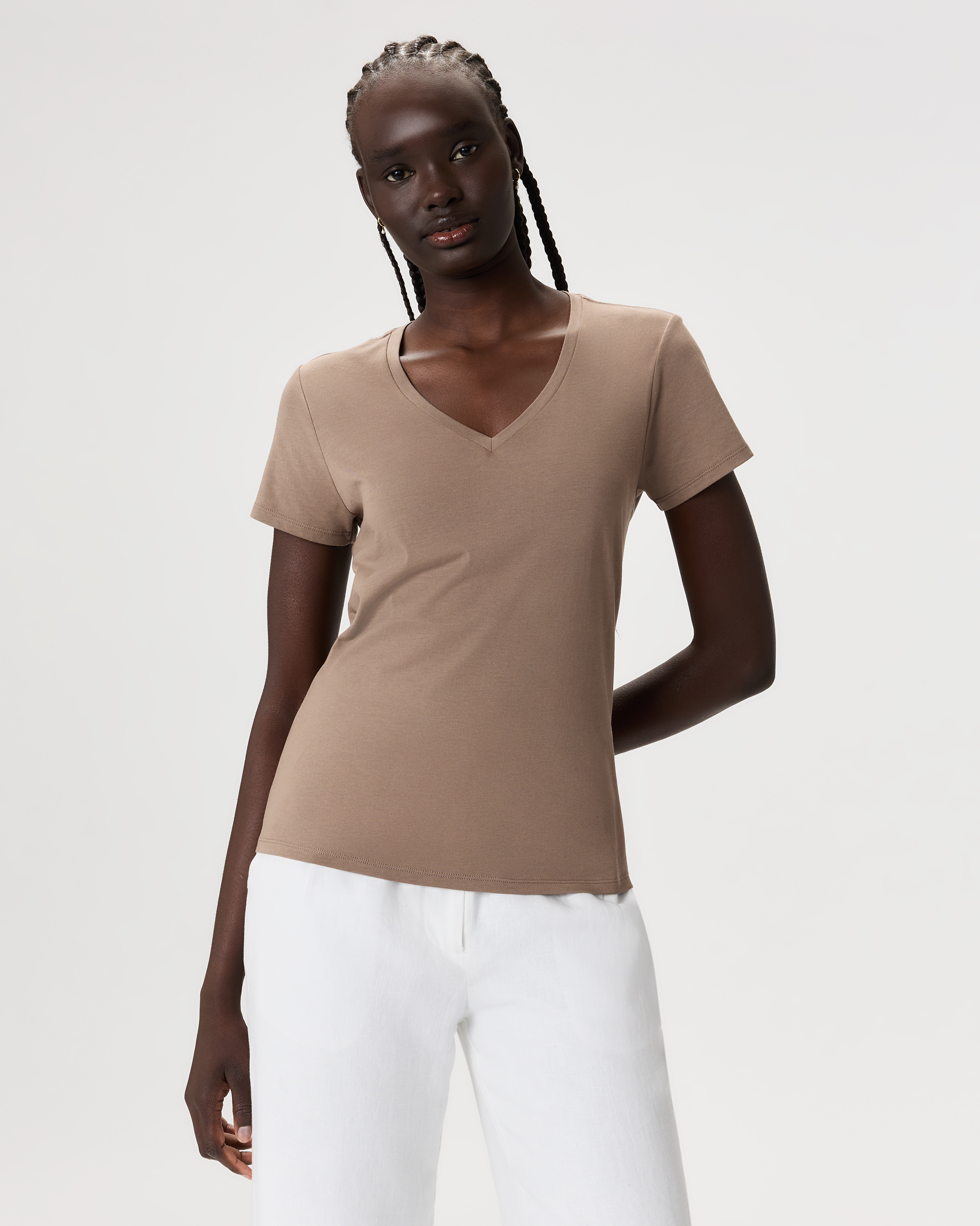 Dark Taupe Cotton Modal V-Neck Tee