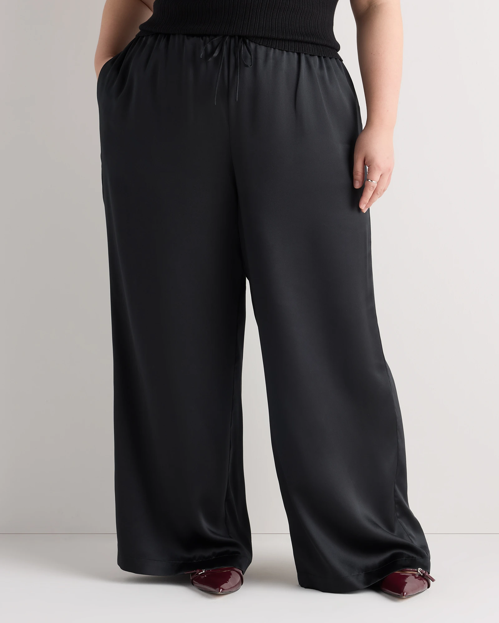 100% Washable Silk Drawstring Wide Leg Pants - Plus Size