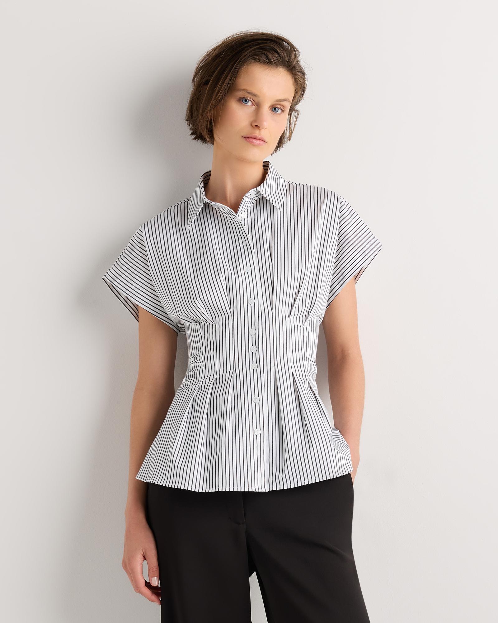Steel Grey Soho Stripe Stretch Twill Pleated Short Sleeve Shirt 