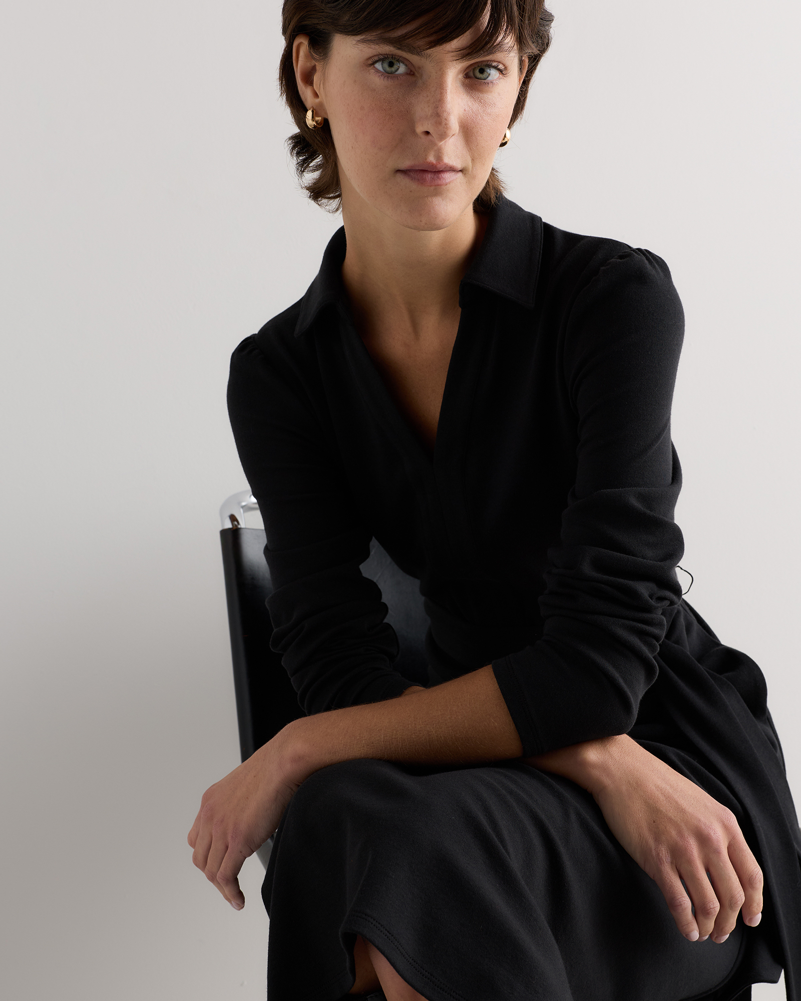 Tencel Modal Knit Midi Wrap Dress in True Black
