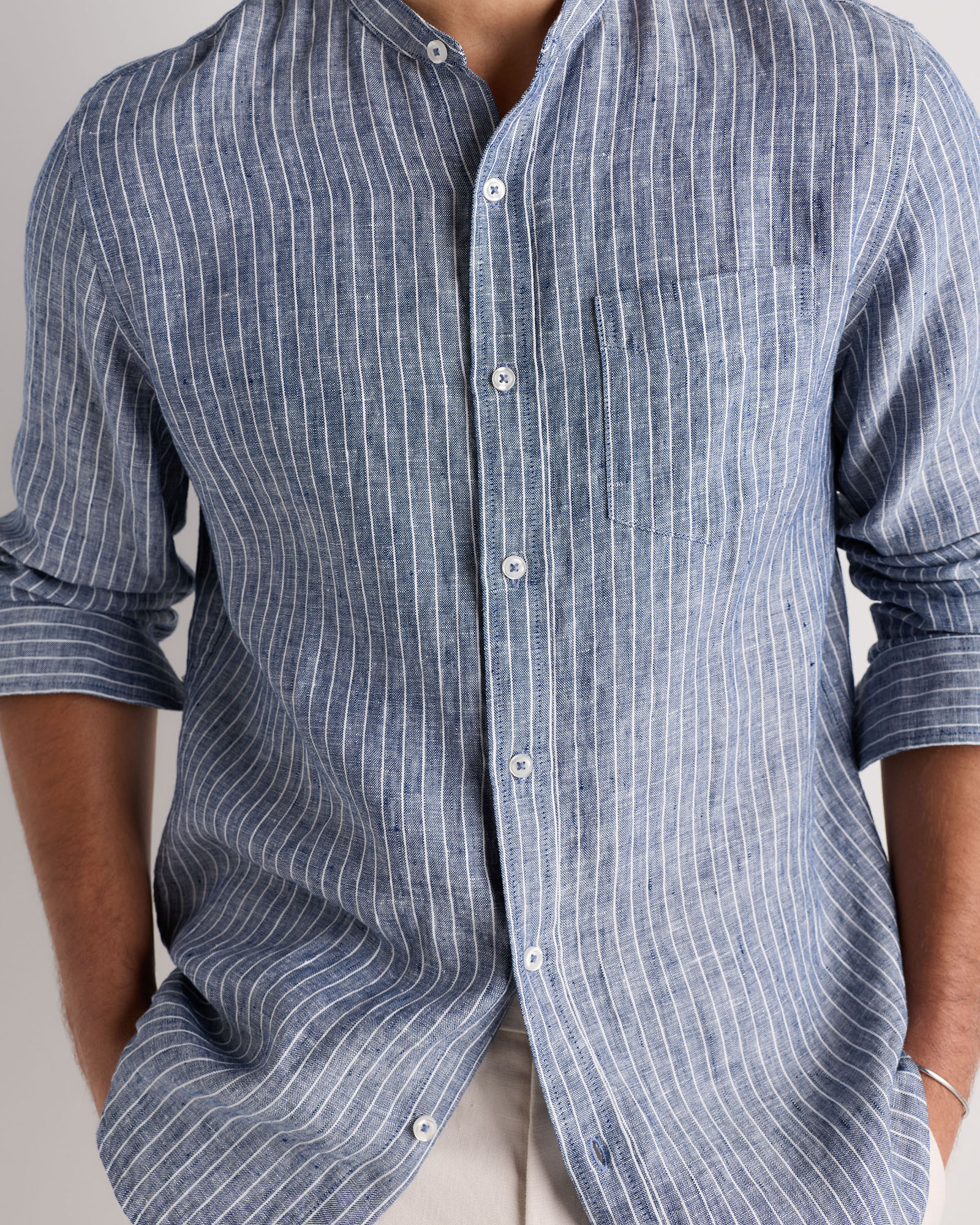 Men's 100% European Linen Banded Collar Shirt in Chambray Stripe