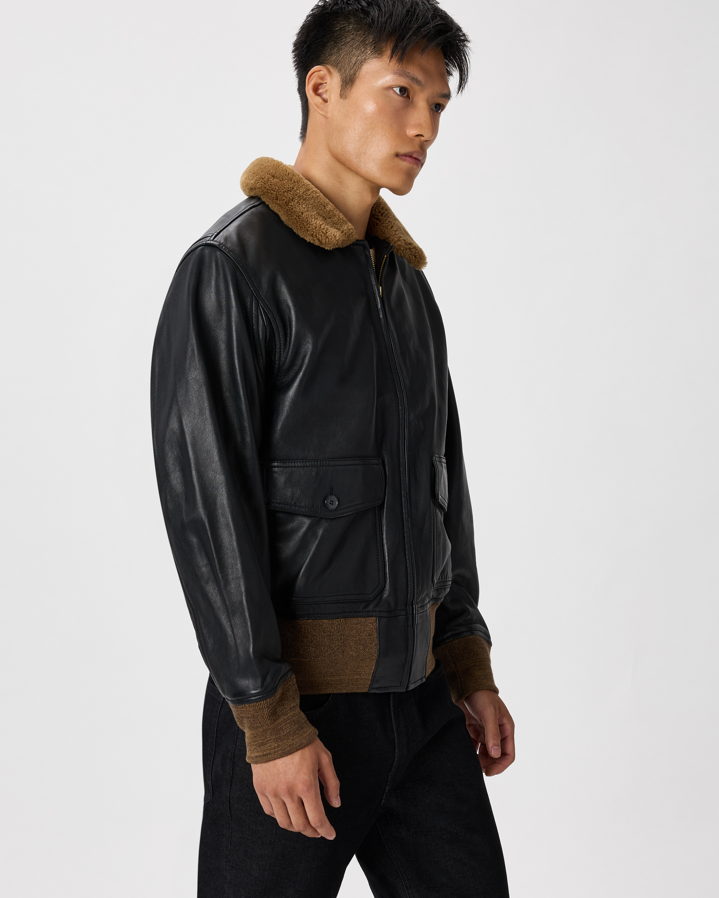 Shearling Collar Leather Flight Jacket in True Black