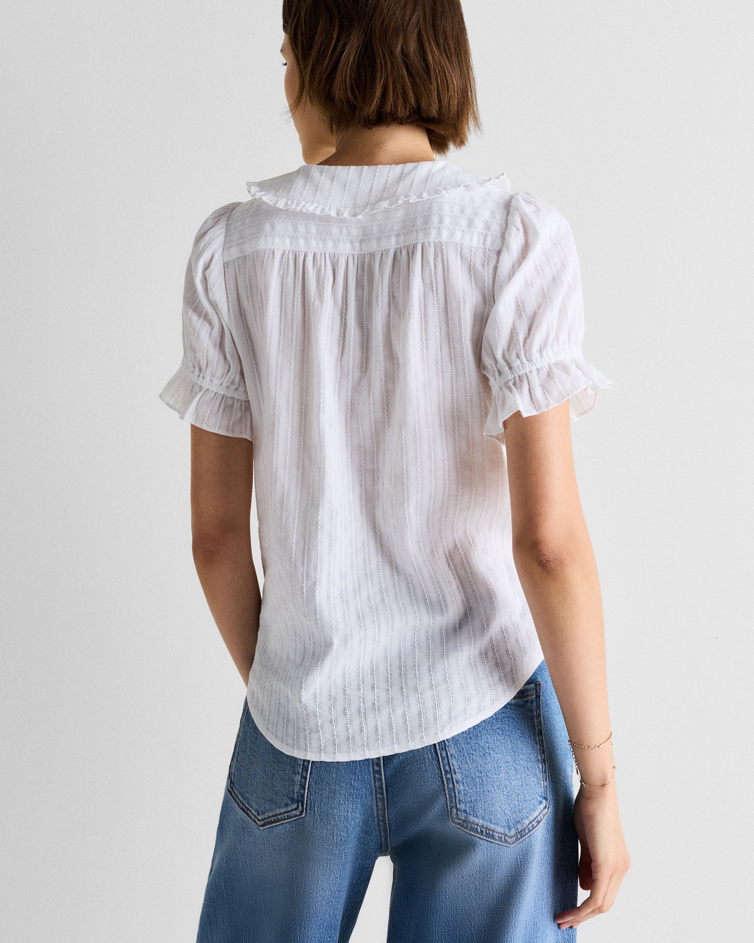 Embroidered Cotton Ruffle Collar Long Sleeve Blouse