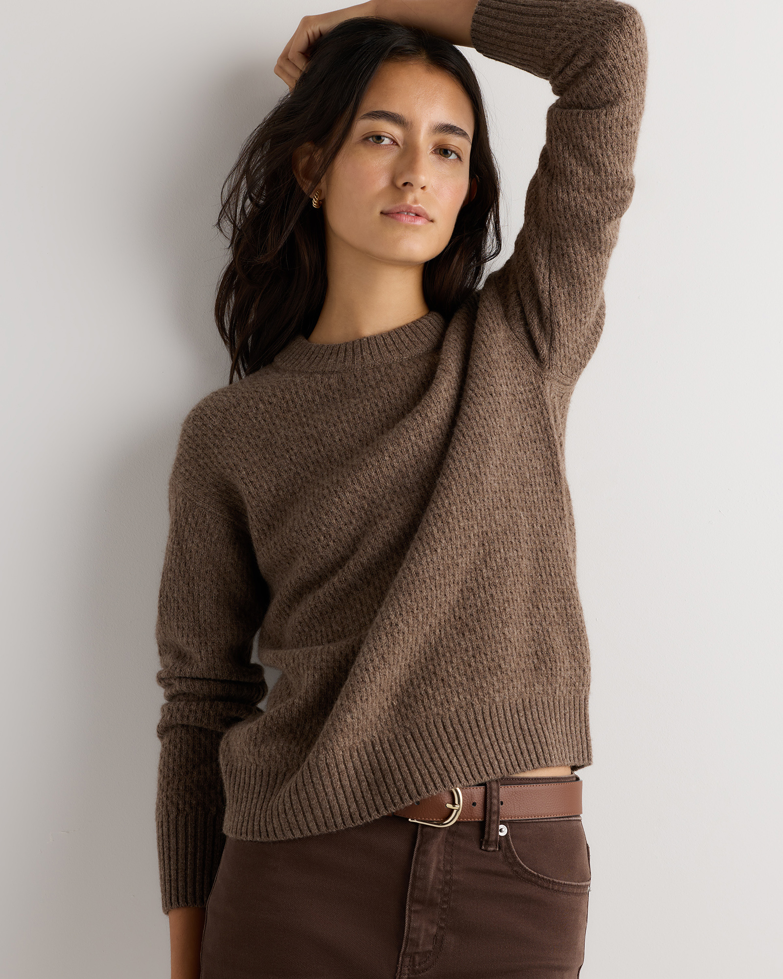 Heather Brown 100% Yak Wool Diamond Stitch Crew