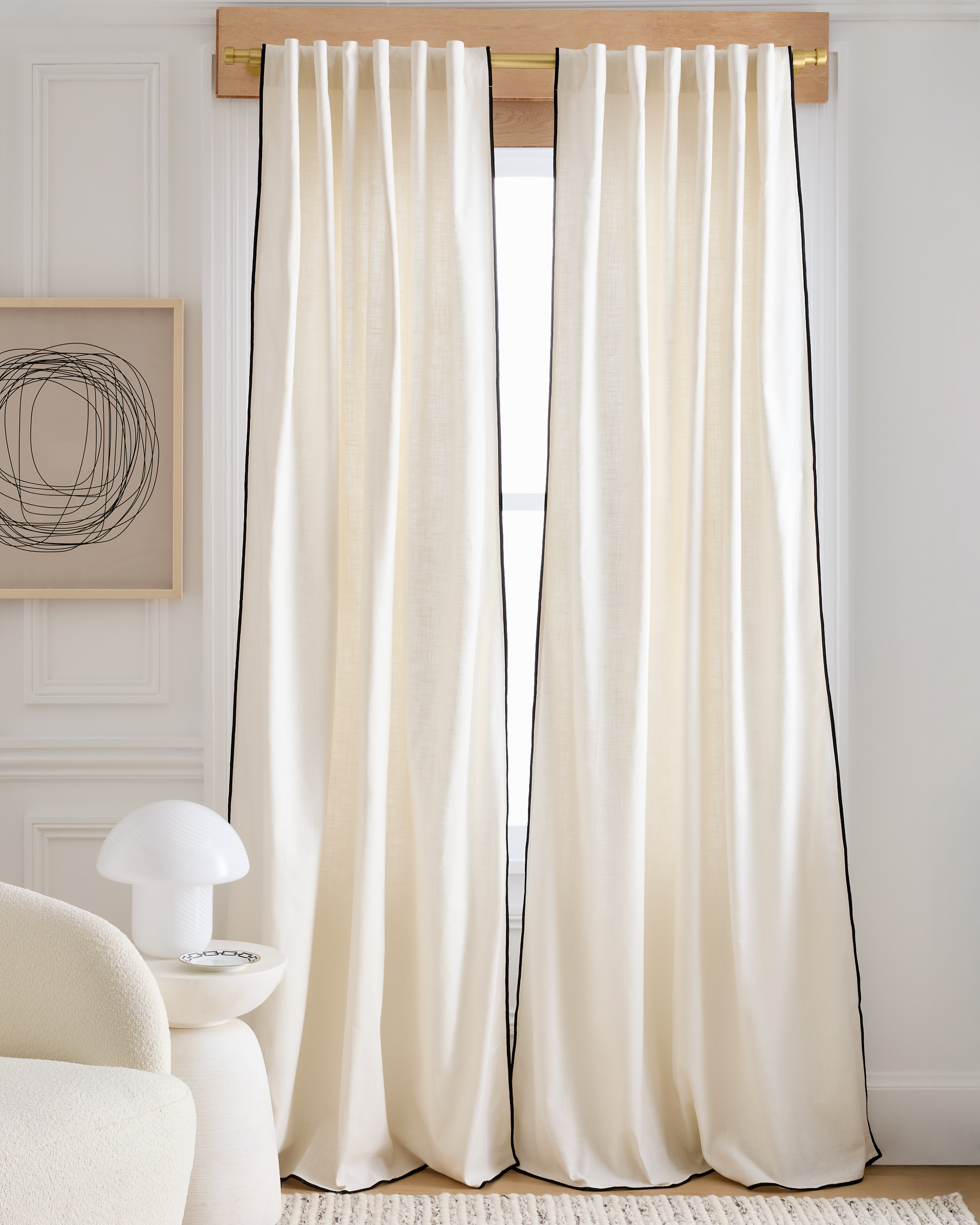 Piped Edge Cotton Curtain - Single Panel, 48x96, Ivory/Black Piping