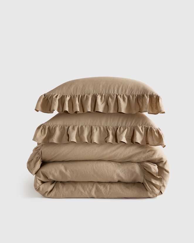 Toffee European Linen Ruffle Duvet Cover Set