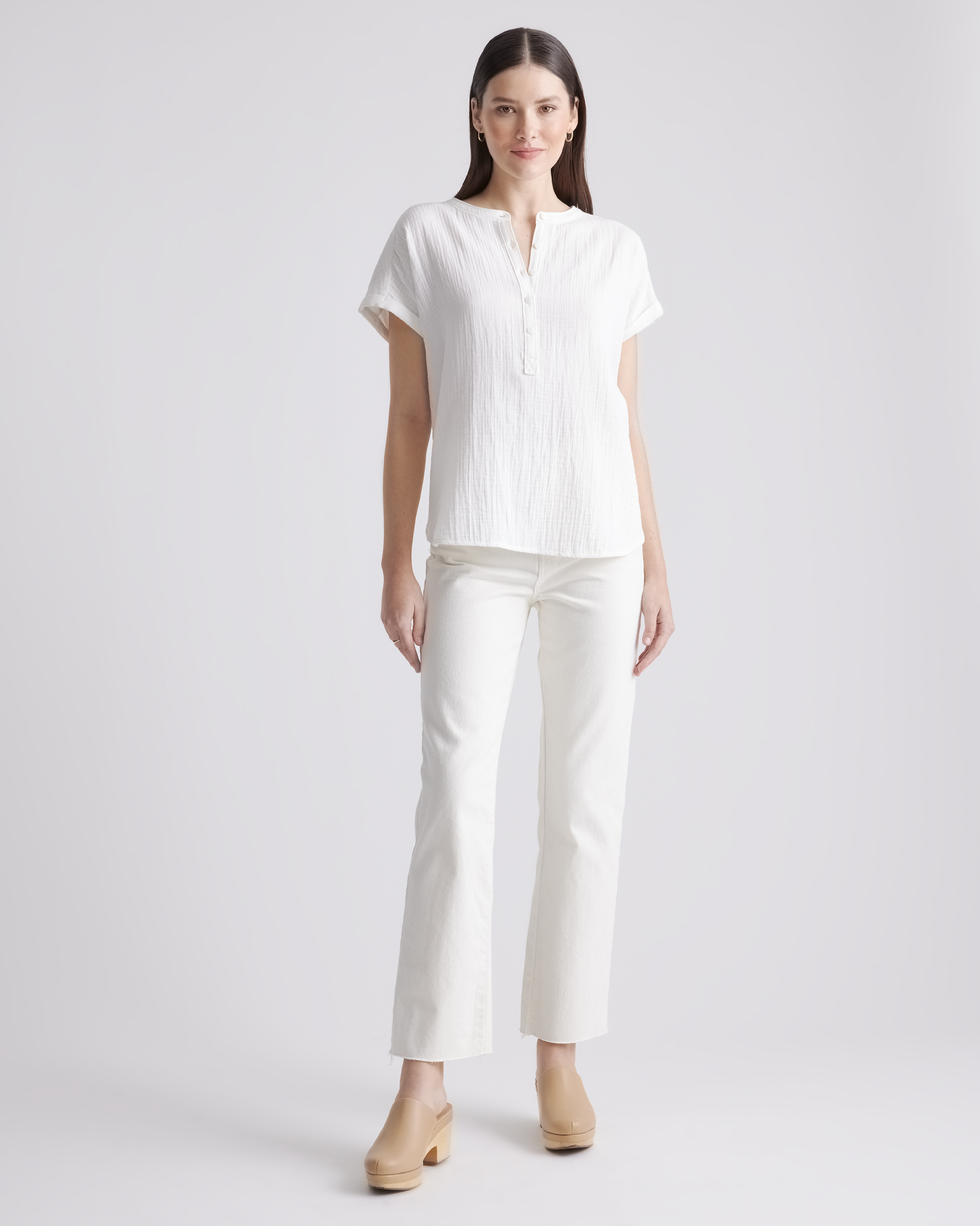 100% Organic Cotton Gauze Roll Sleeve Shirt in White