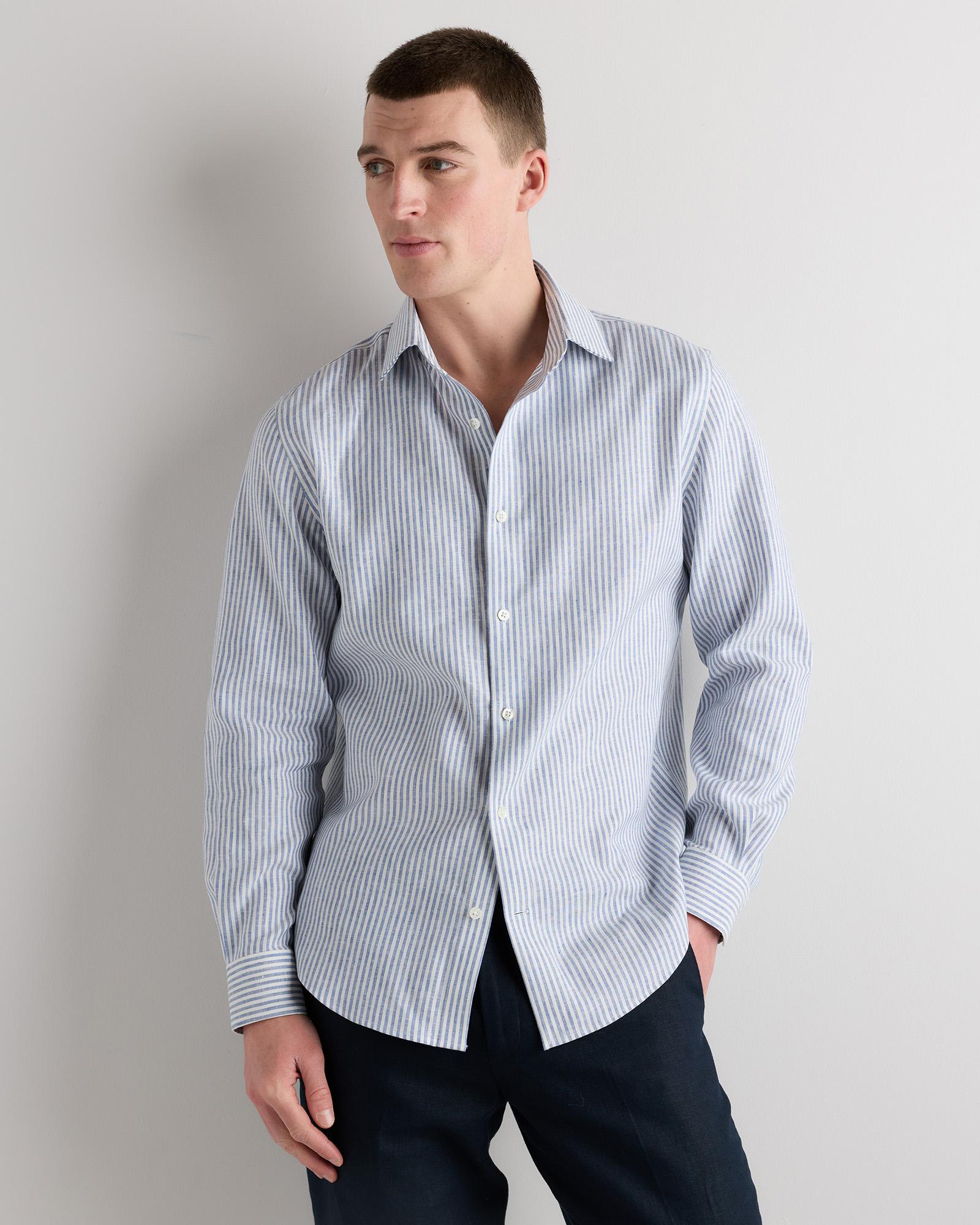 Chambray Stripe 100% European Linen Wrinkle-Resistant Dress Shirt