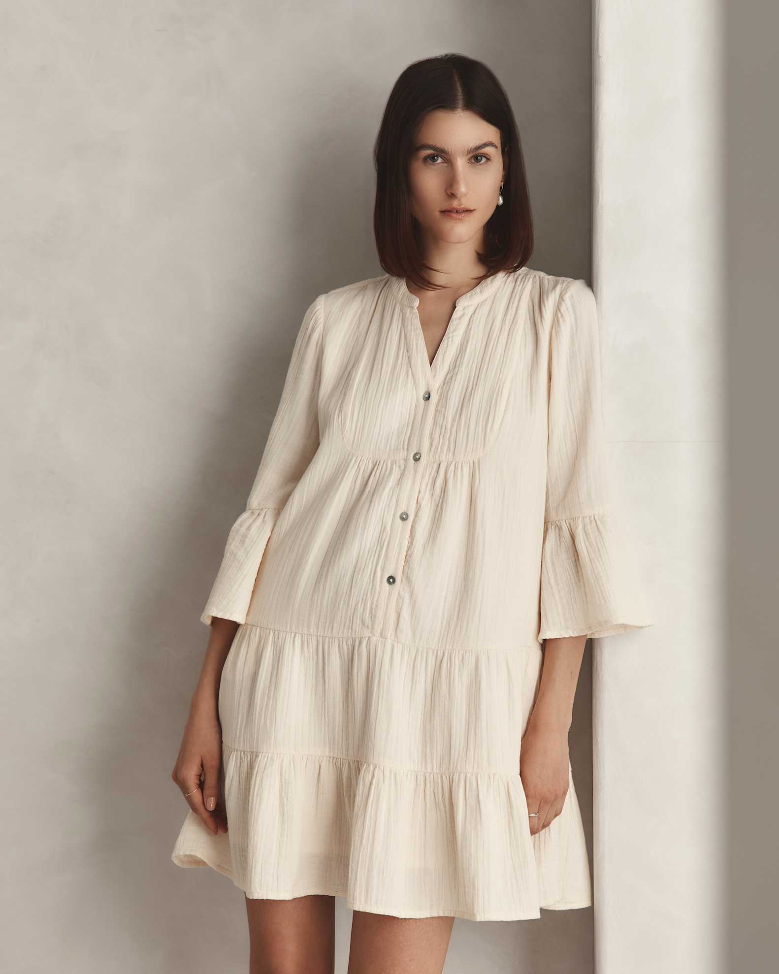 100% Organic Cotton Gauze Long Sleeve Tiered Mini Dress in Vintage Cream 100% Organic Cotton Gauze Long Sleeve Tiered Mini Dress in Vintage Cream